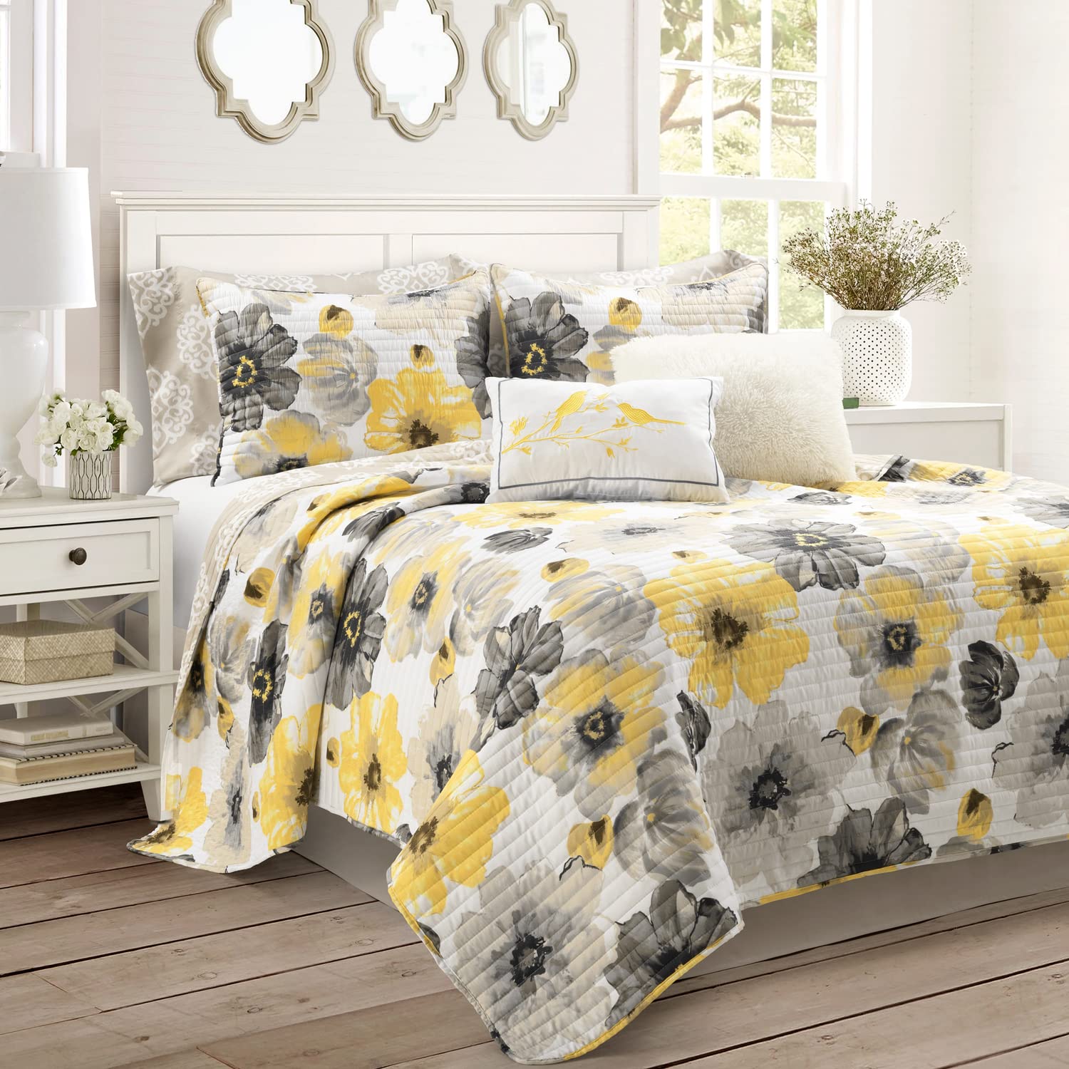 Lush Decor Leah Reversible Floral Quilt Set - 8 Piece King Size Bedding in Yellow & Gray | Includes Pillowcases, Decorative Throw Pillows & Bed Skirt | Watercolor Floral Design for Master Bedroom Decor