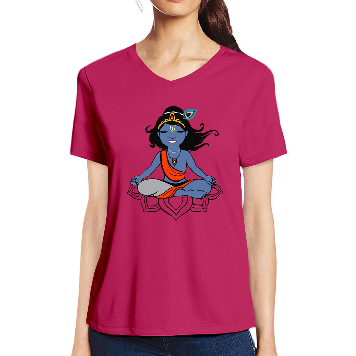 Pooplu Women's Regular Fit Krishna Yoga Cotton Graphic Printed V Neck Half Sleeve T-Shirt - Comfortable & Breathable for Yoga, Gym, Workout - Perfect for Meditation, Fitness Classes & Casual Wear (Dark Pink, Medium)