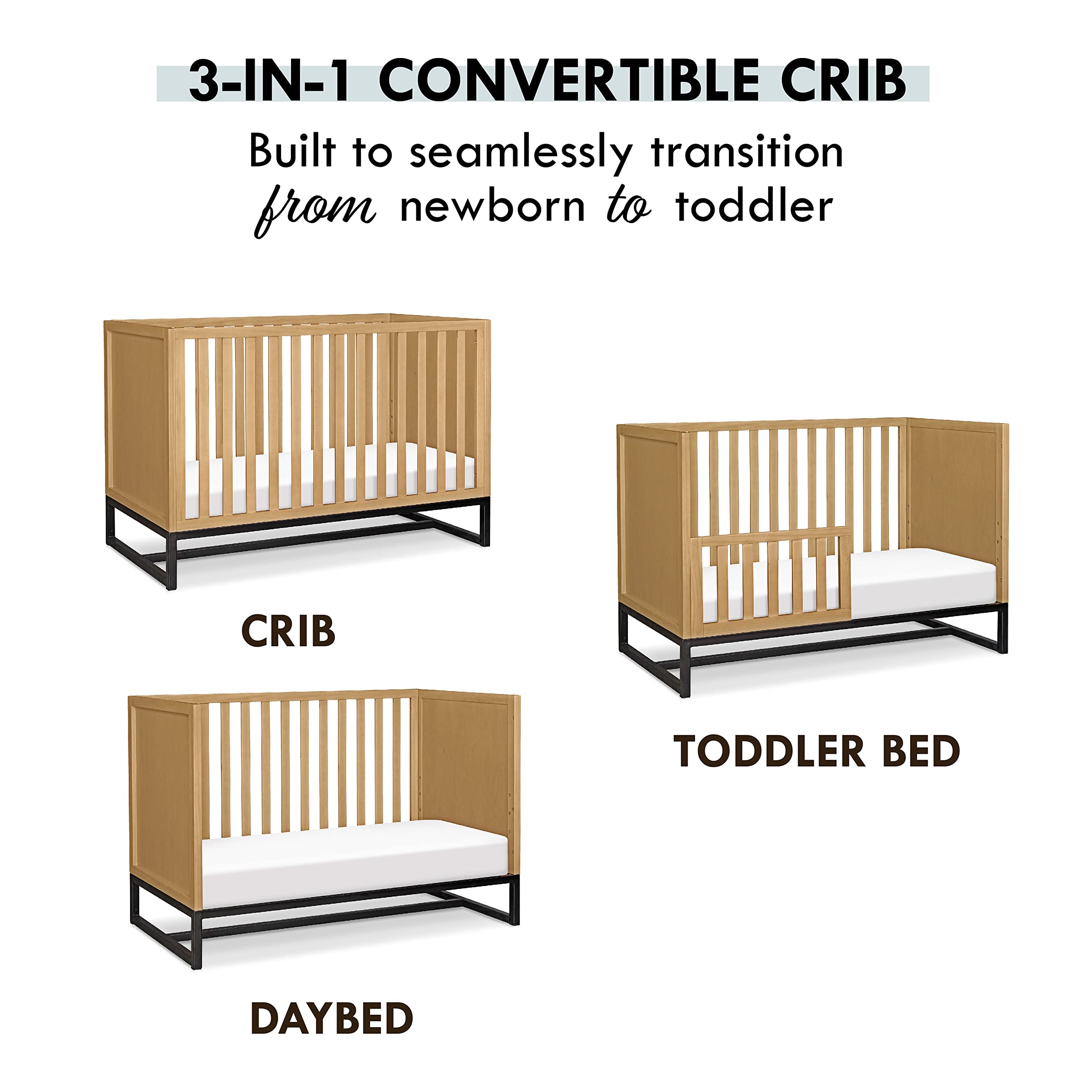 DaVinci Ryder 3-in-1 Convertible Baby Crib in Honey Finish - Greenguard Gold Certified for Nursery, Toddler & Daycare Use