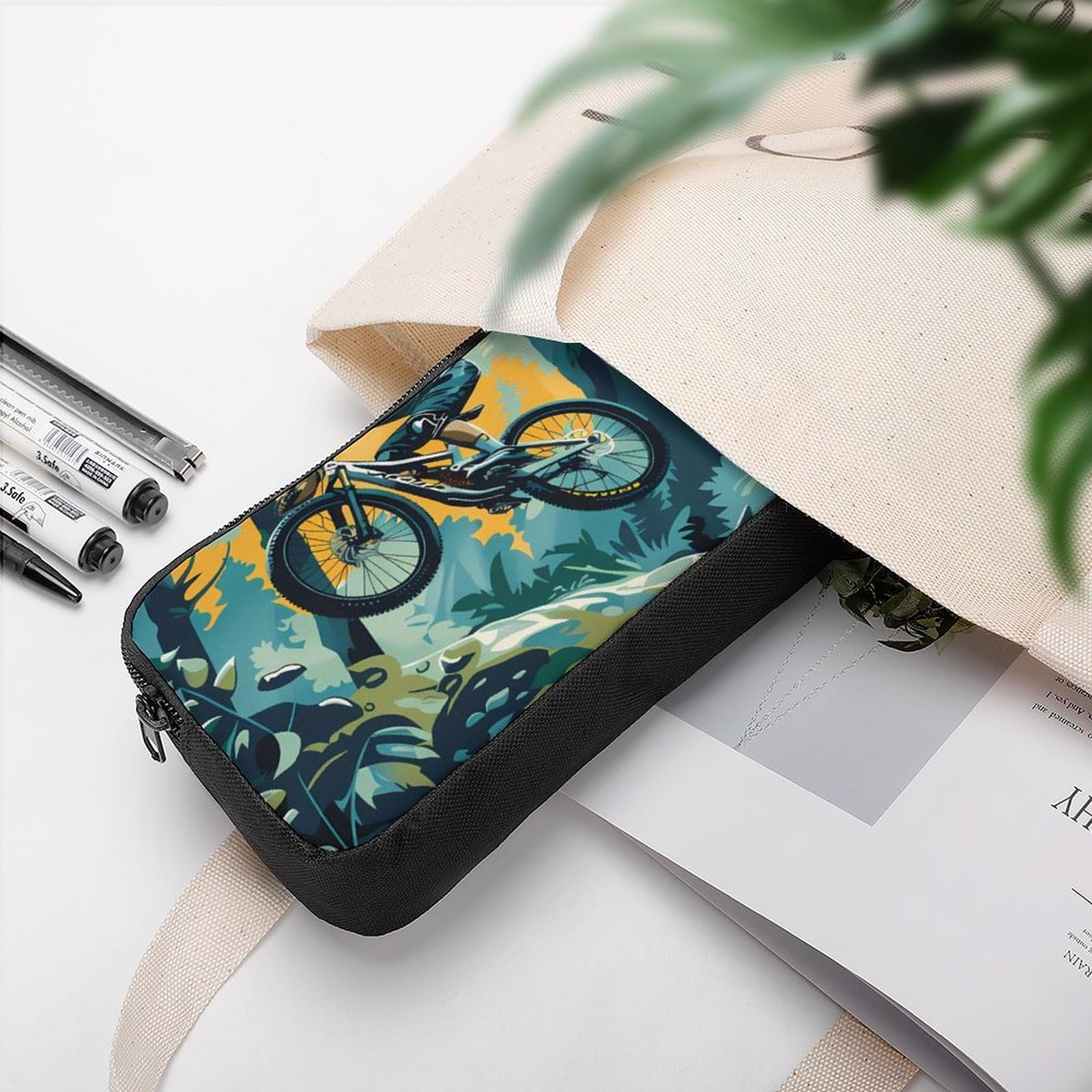 Durable Mountain Bike Themed Pencil Case - Large Capacity Pen Pouch for School, Office & Travel - Perfect for Bikers, Students & Professionals
