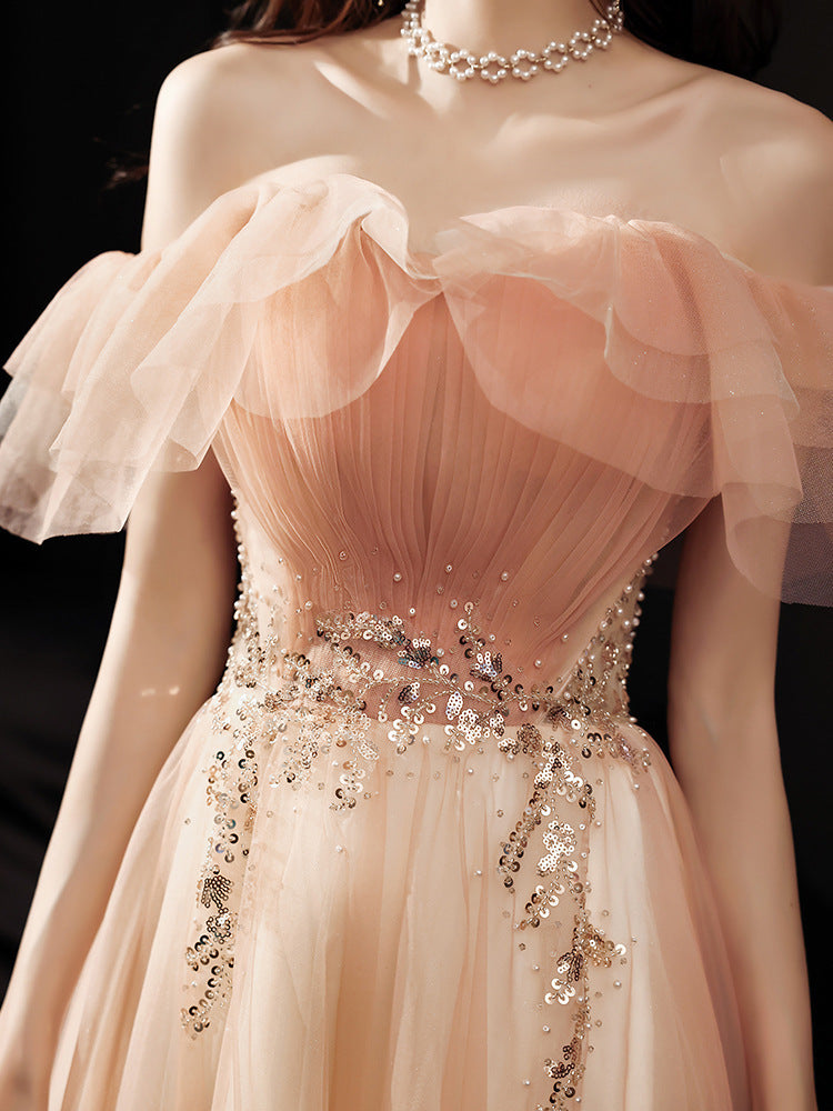 Elegant Off Shoulder Pink Tulle Prom Dress with Beaded Details - Perfect for Evening Parties, Homecoming, and Formal Events