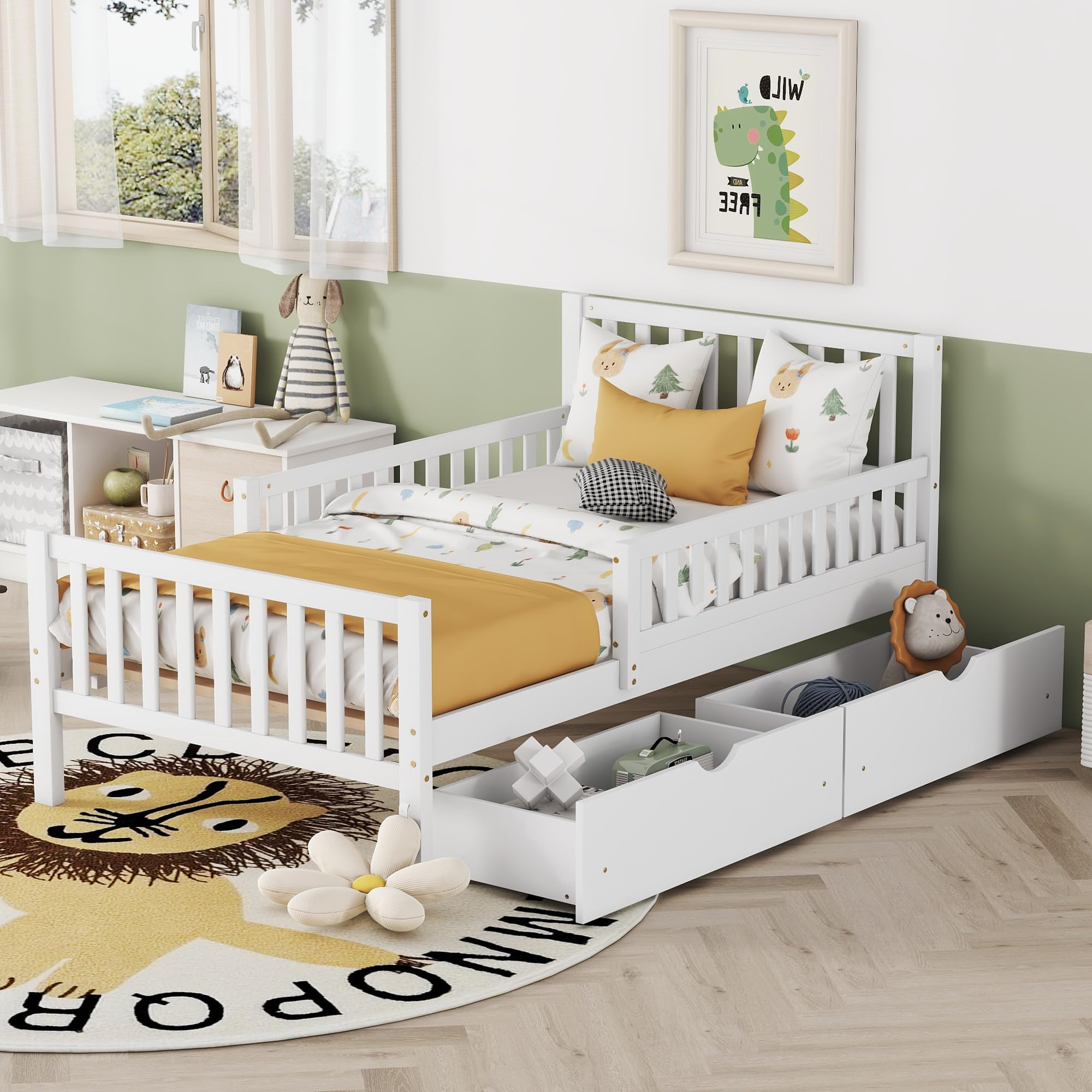 White Twin Size Kids Bed with Guardrails - Low Platform Bed Frame with Headboard, Footboard & 2 Storage Drawers - Safe Children's Bed for Boys & Girls - Perfect for Small Bedrooms, Guest Rooms & Kids' Shared Spaces