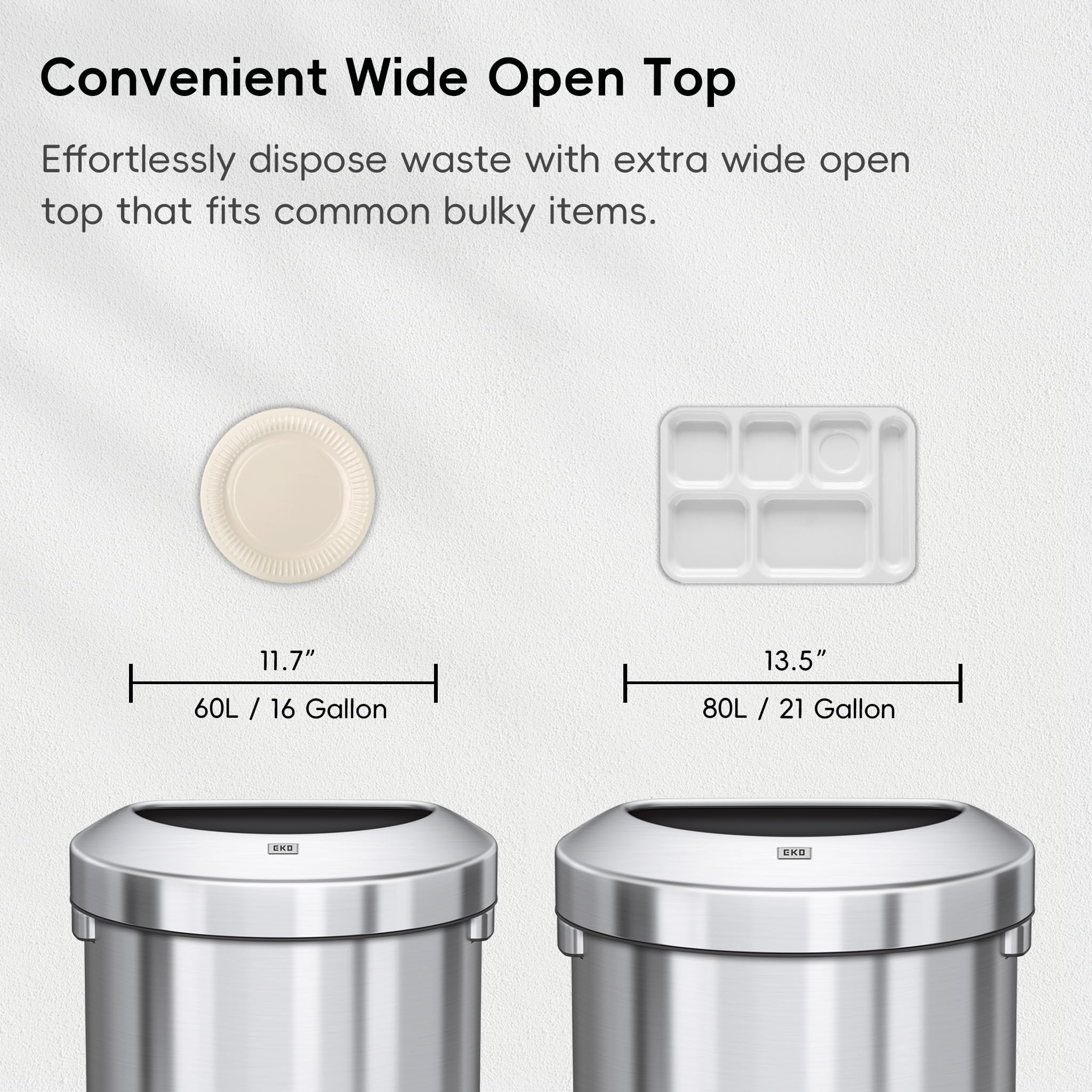 EKO Urban 16 Gallon Stainless Steel Semi-Round Commercial Trash Can - Large Metal Garbage Bin for Home, Office, Restaurant & Restroom - Indoor/Outdoor Use - Perfect for Kitchen, Bathroom, Lobby & Patio Waste Disposal (60L Capacity)