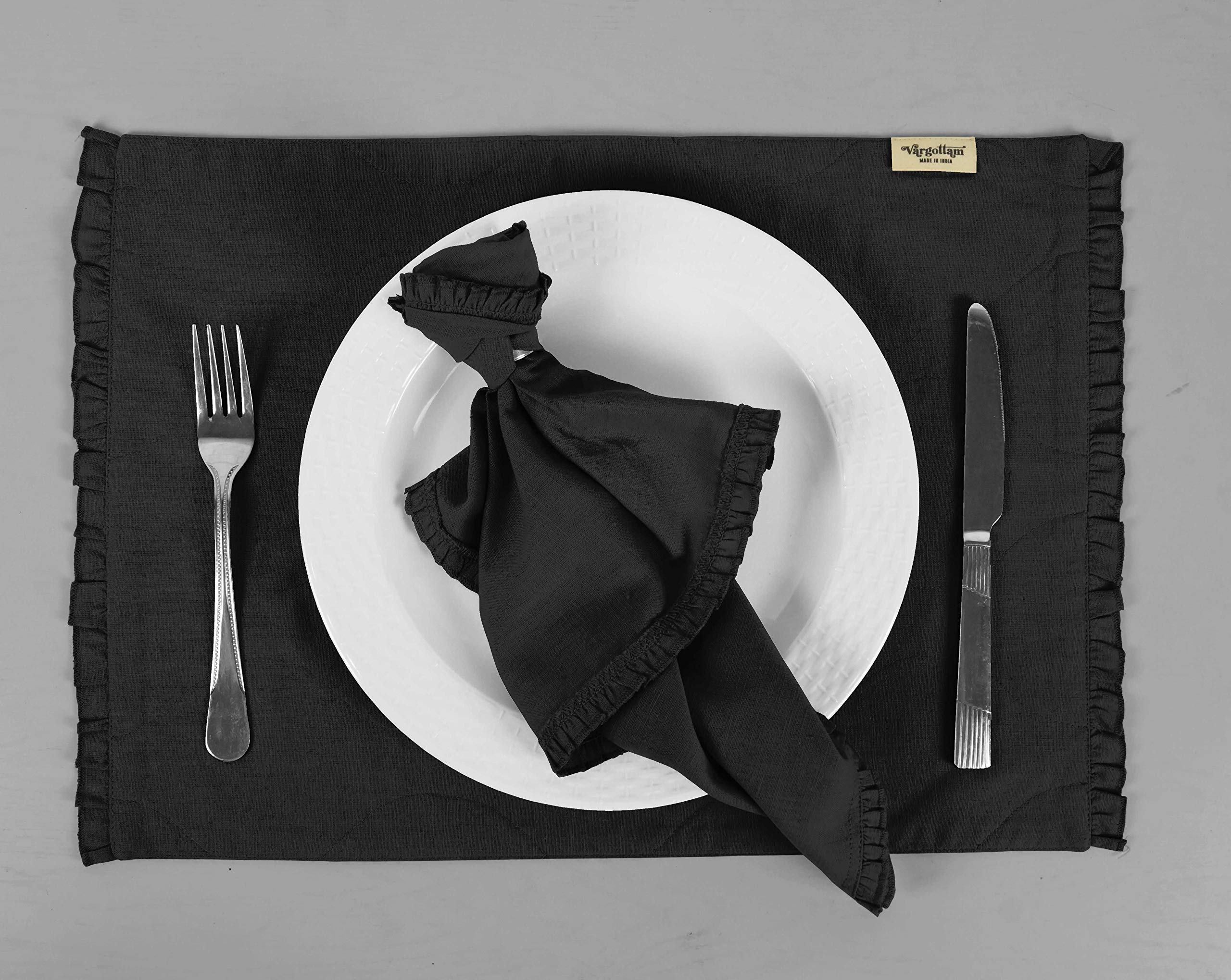 Premium Black Washable Frill Placemats Set with Napkins - 6 Pack Elegant Table Decor for Everyday Dining, Parties & Home Styling