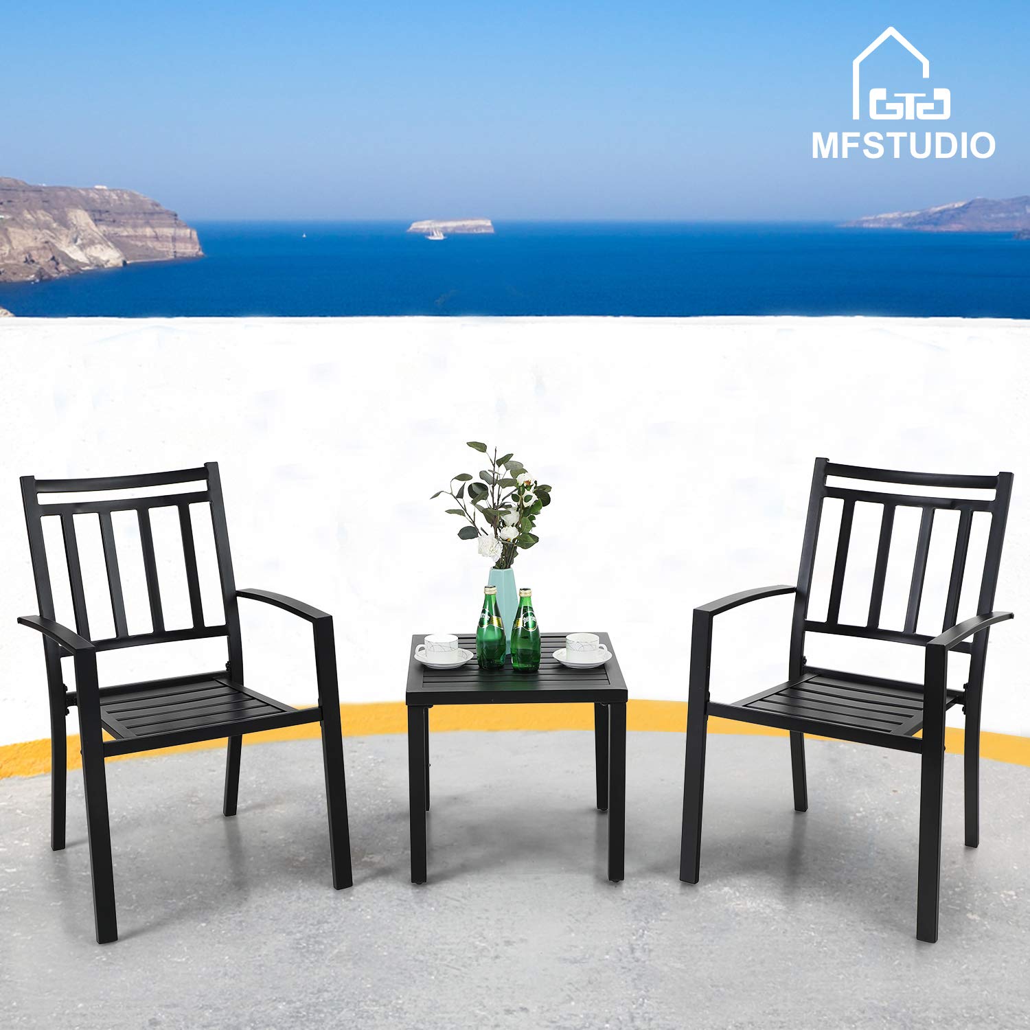 MFSTUDIO 3-Piece Outdoor Patio Furniture Set - Modern Black Metal Bistro Table and Chairs with Wrought Iron Design - Perfect for Garden, Backyard, Balcony or Cafe Outdoor Dining
