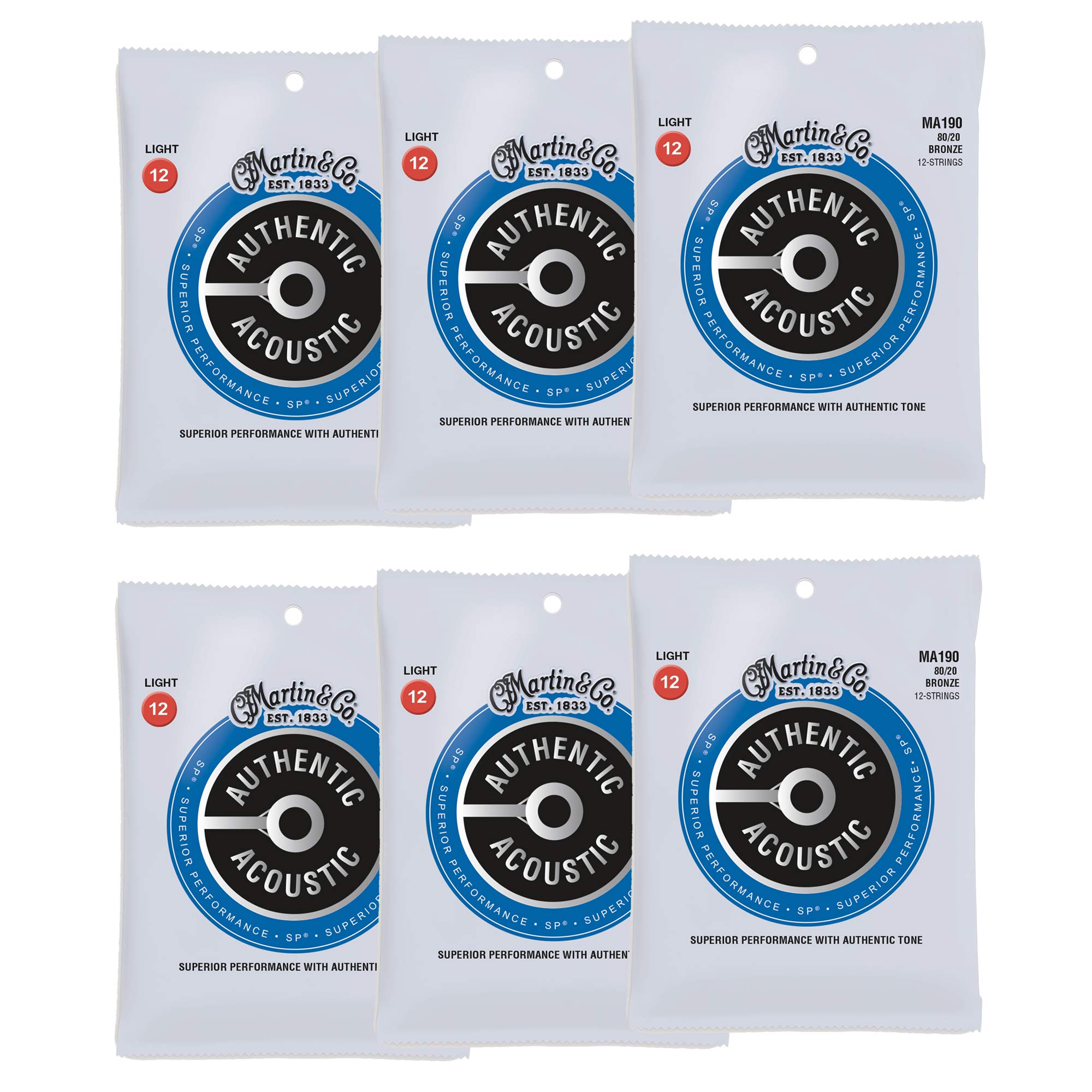 Martin MA190 Authentic Acoustic Guitar Strings 80/20 Bronze Light 12-54 Gauge (6-Pack Bundle) - Perfect for Studio Recording, Live Performances & Extended Play Sessions