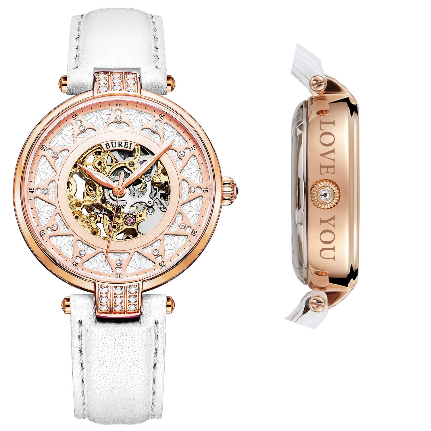 BUREI Women's Automatic Watch - Personalized Custom Hollow-Out Dial with Sapphire Crystal & Rhinestone Markers, Genuine Leather Strap | Elegant Gift for Her, Perfect for Office, Party & Special Occasions