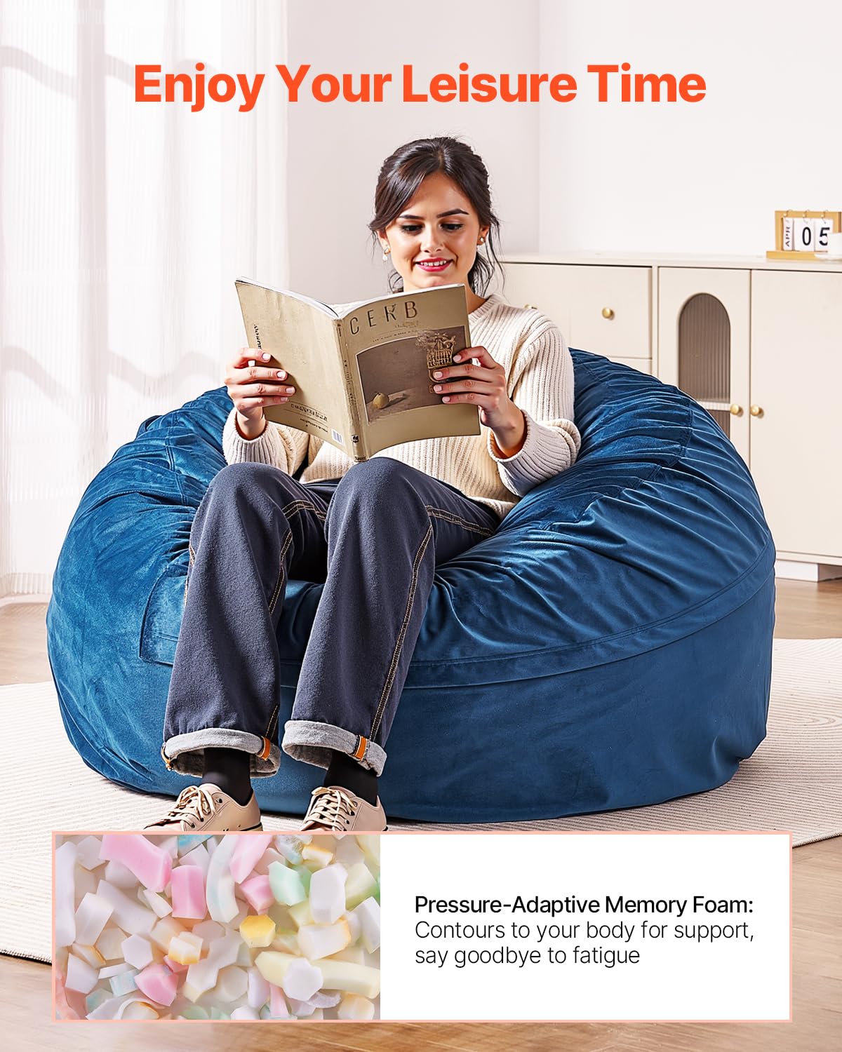 VEVOR Round Bean Bag Chair for Adults - Removable Washable Cover, Dutch Velvet Fabric & High-Density Foam Filling with Handle and Side Pocket - Perfect for Living Room, Bedroom, Office or Dorm - Blue (Home Decor & Comfort Seating)
