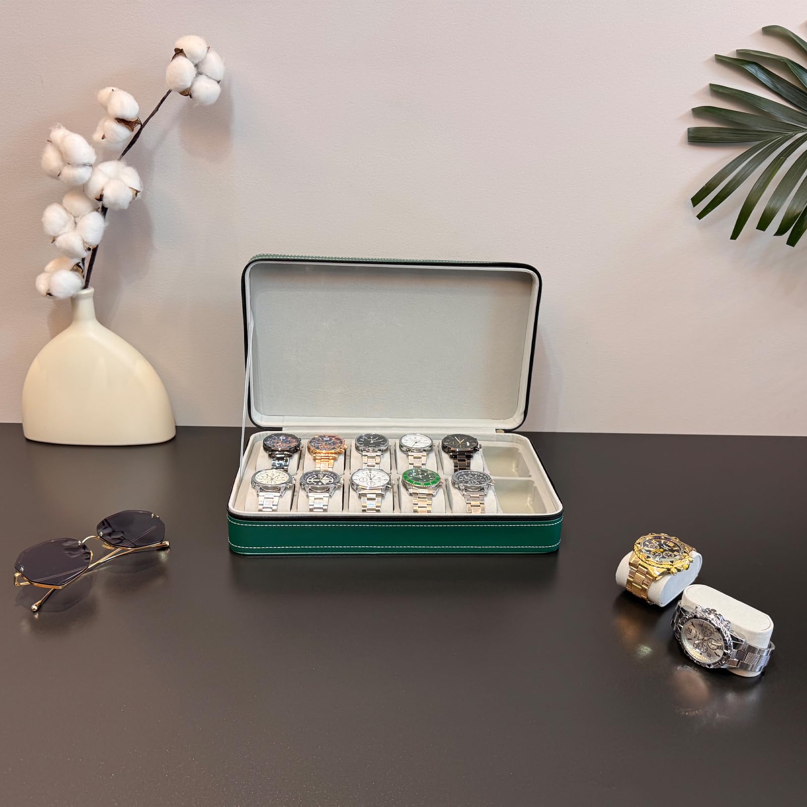 12-Slot Travel Watch Case for Men & Women - PU Leather Watch Storage Box with Zipper Closure & Soft Removable Pillows (Green) | Perfect for Business Trips, Vacations & Watch Collection Organization