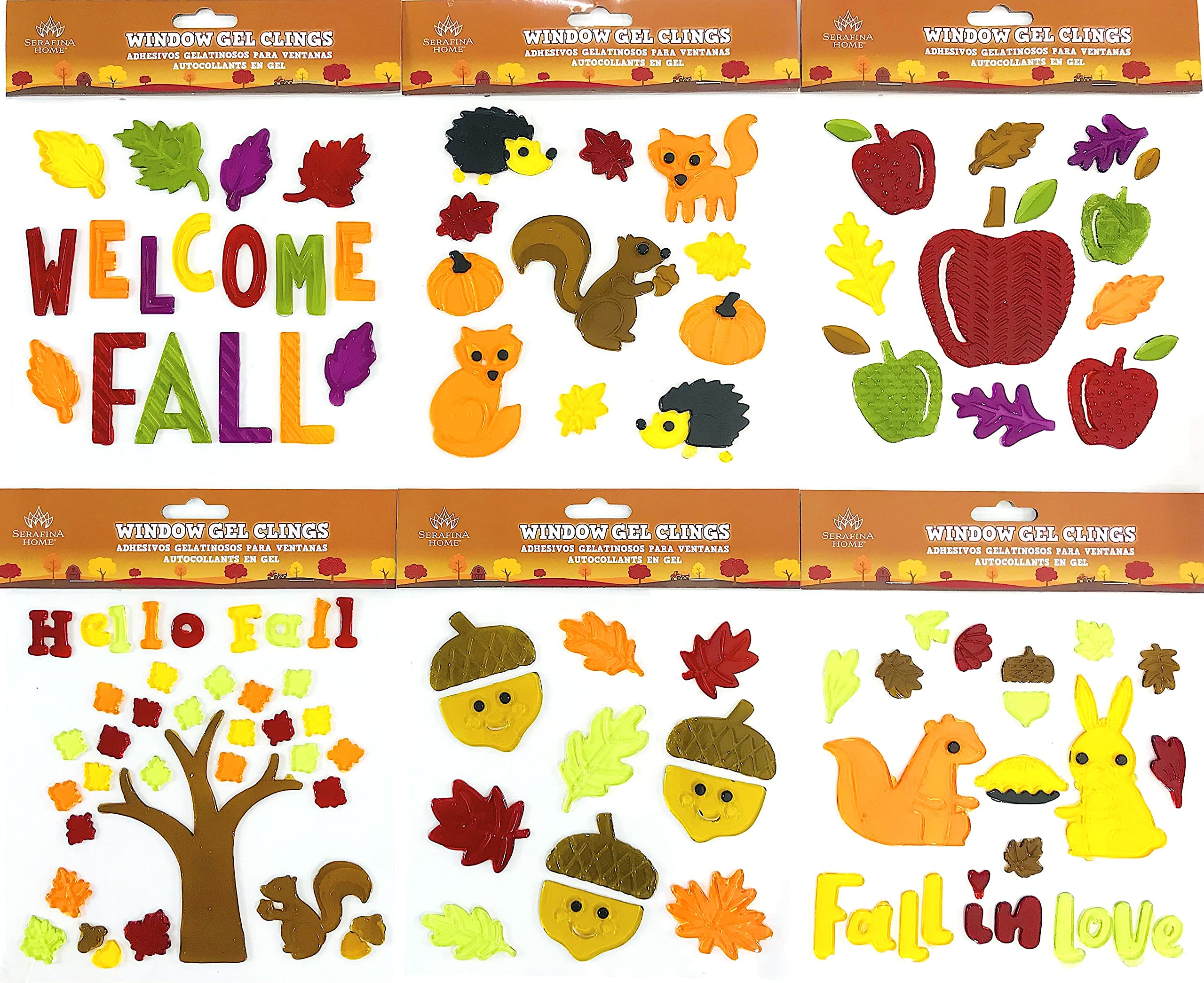 Reusable Fall Gel Cling Stickers for Windows & Mirrors - 6 Sheets of Seasonal Designs: Woodland Creatures, Foliage, Pumpkins - Perfect for Home, Office, and Classroom Decor