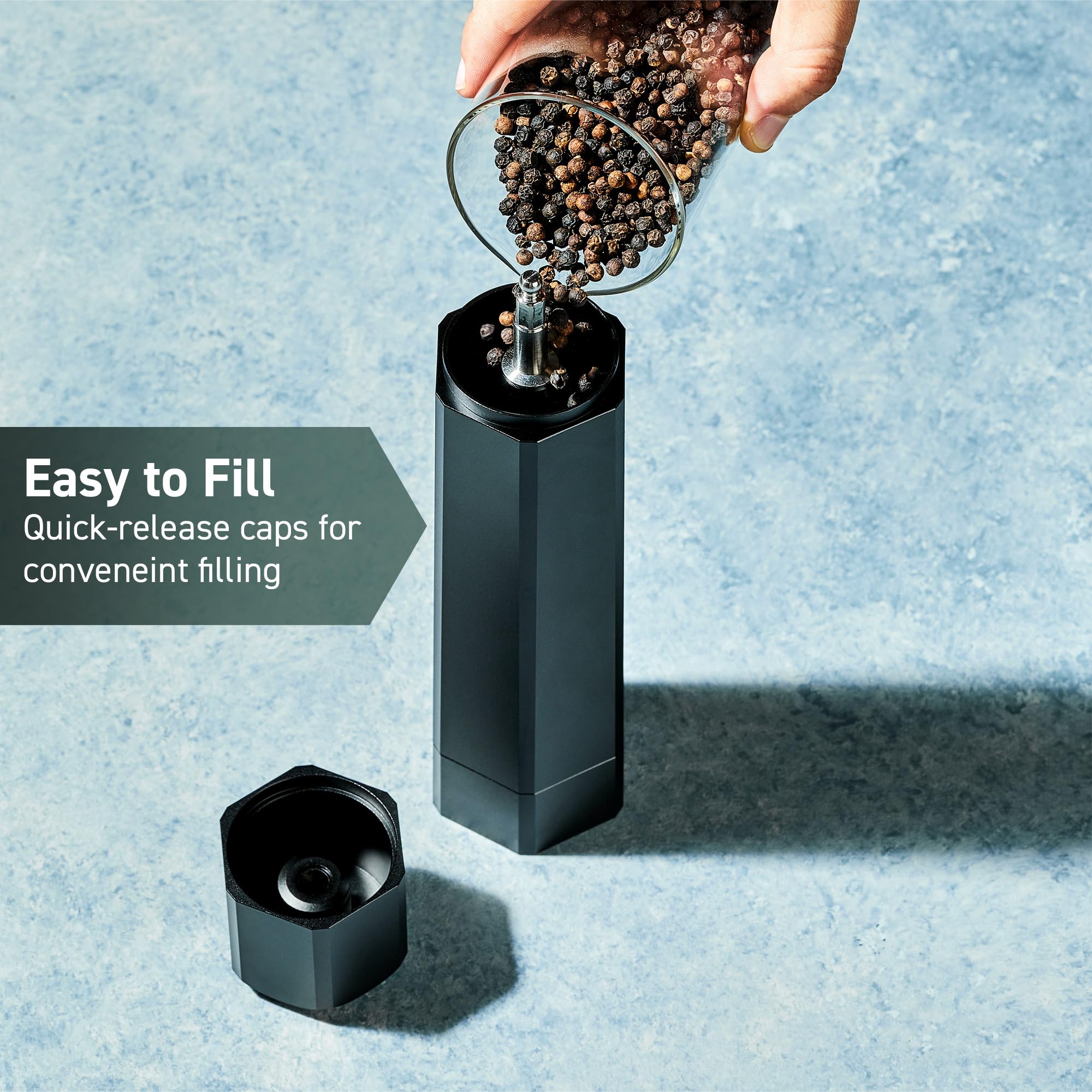 HexClad HexMill Professional Pepper Grinder - Heavy Duty Aluminum Matte Black - Adjustable 10 Grind Settings - Refillable Spice Mill for Kitchen, Restaurant & Outdoor Cooking