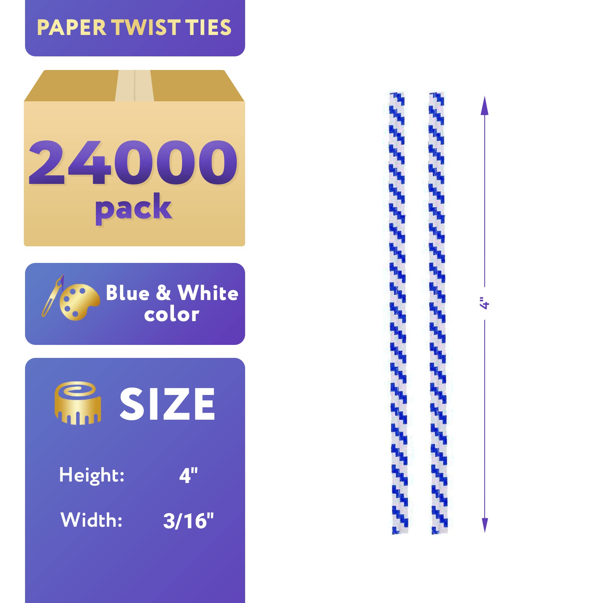 APQ Blue & White Metallic Twist Ties for Bread Bags - 4 Inch, 24,000 Pack - Plastic-Coated Reusable Bread Closures - Heavy Duty Twisty Ties for Bakery, Treat Bags & Food Packaging - Perfect for Sealing Baked Goods, Candy Bags & DIY Crafts