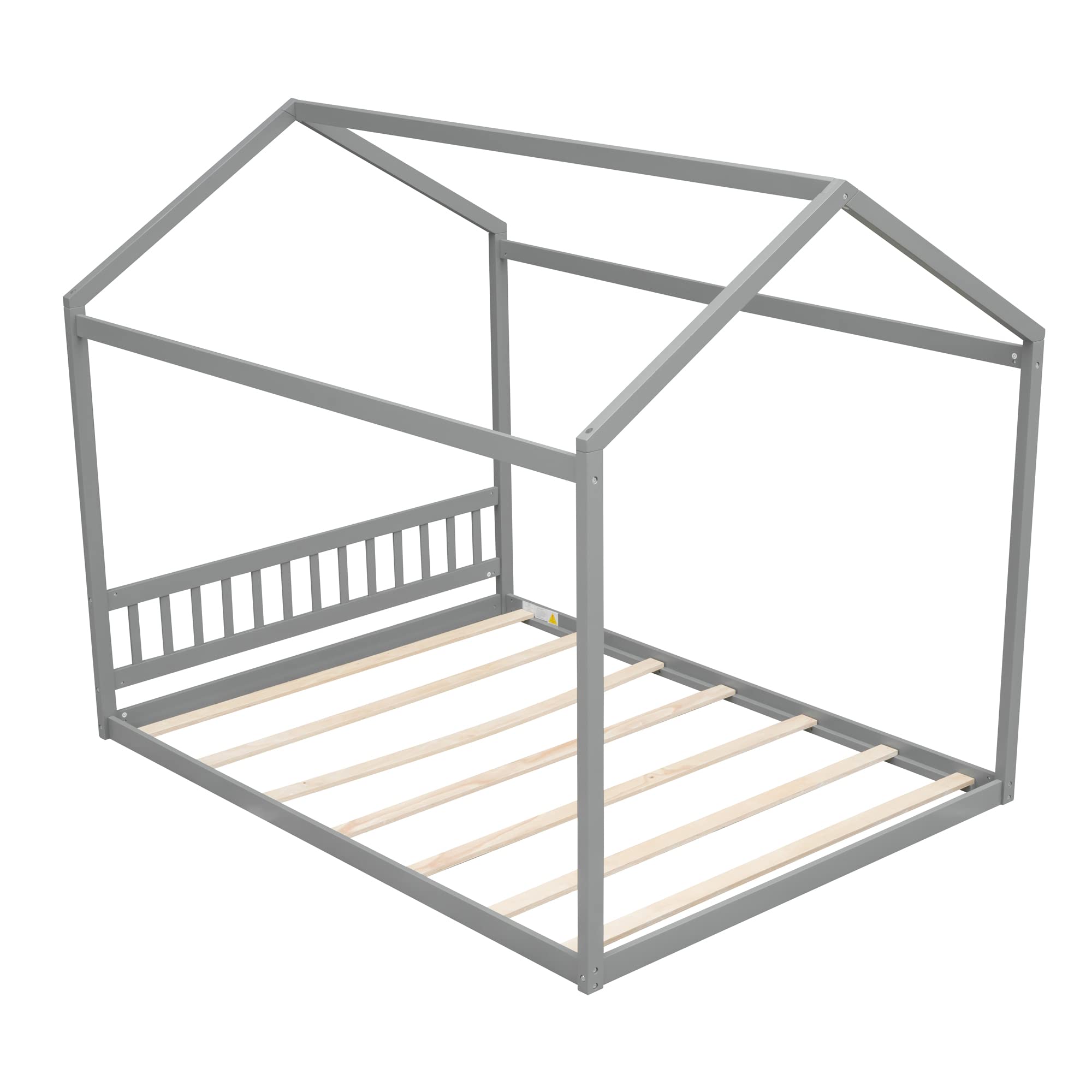 Montessori Wooden House Floor Bed Frame for Kids, Teens & Adults - Queen Size with Roof, No Box Spring Needed, Gray - Perfect for Kids' Bedrooms, Playrooms & Montessori Learning Spaces