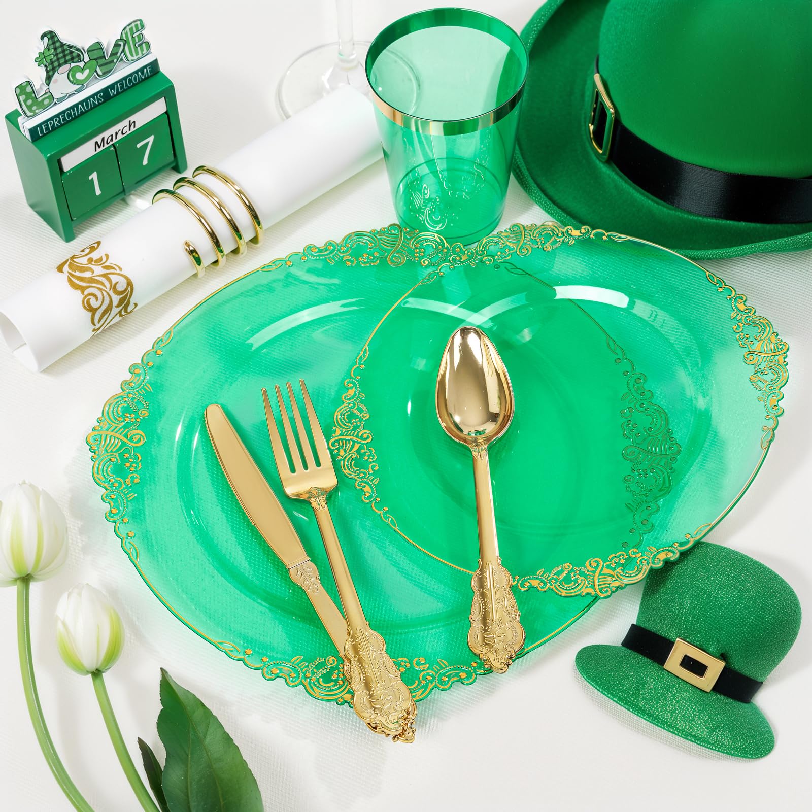Hioasis 175-Piece Clear Green Plastic Dinnerware Set - Disposable Plates, Cutlery, Cups & Napkins for St. Patrick's Day, Weddings & Parties | Includes 25 Dinner Plates, 25 Dessert Plates, 25 Knives, 25 Forks, 25 Spoons, 25 Cups & 25 Napkins | Perfect for Green Themed Events, Birthday Celebrations & Outdoor Gatherings