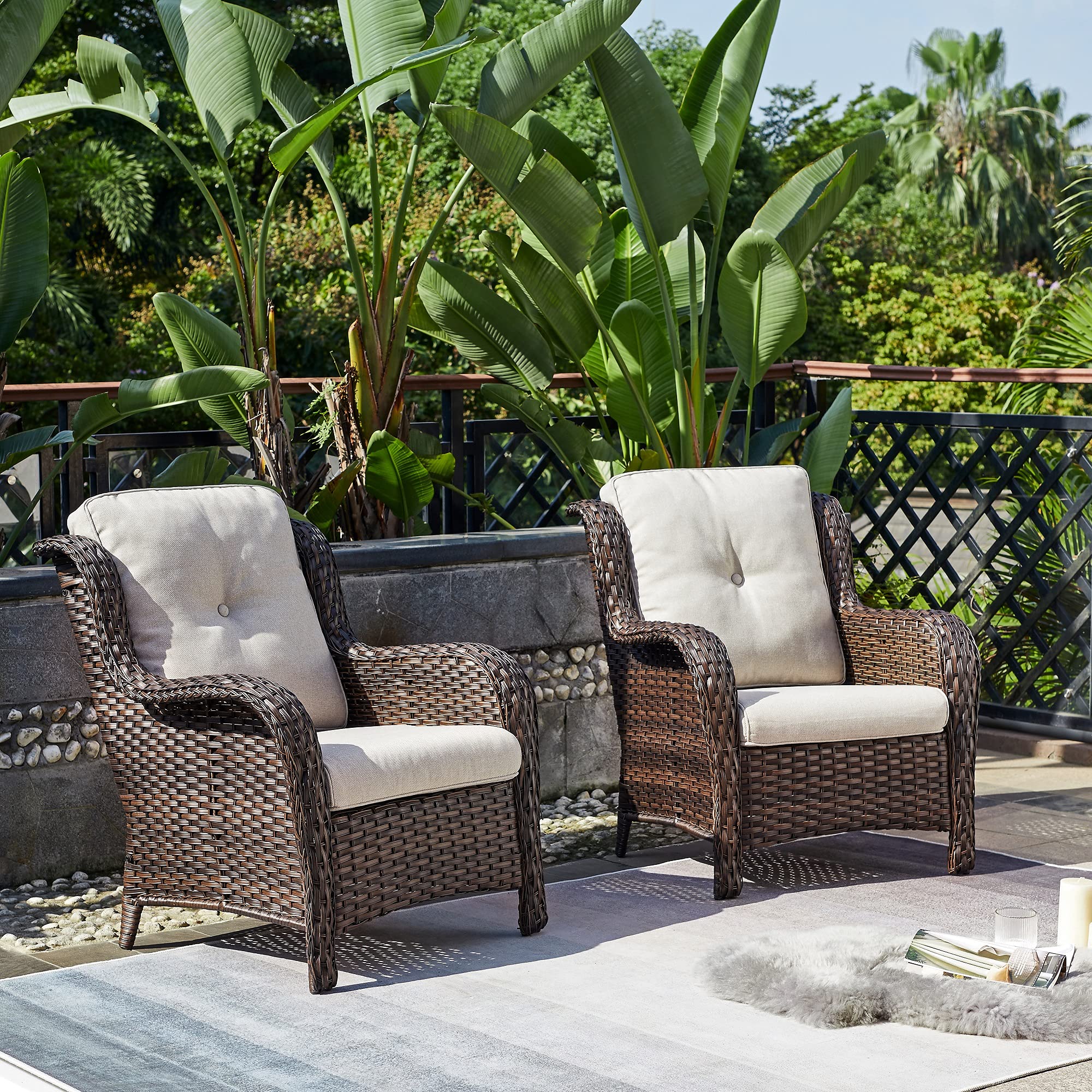 2-Piece Brown/Beige Wicker Patio Chair Set - High Back Rattan Dining Chairs with Deep Seating for Outdoor Porch, Garden, Poolside & Backyard Relaxation