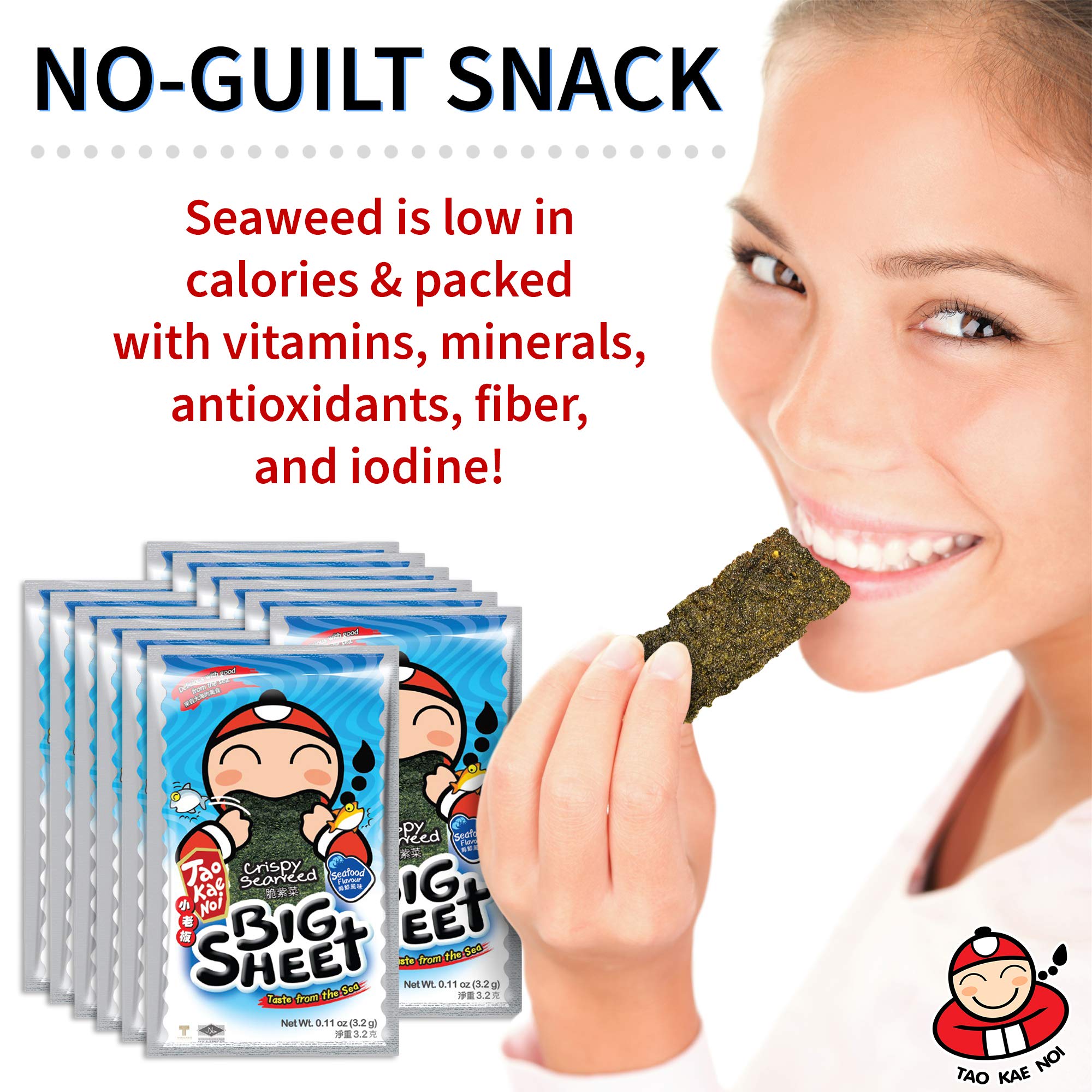 Crispy Thai Seaweed Snacks by Tao Kae Noi | Seafood Flavor Nori Chips | Healthy Low-Calorie Snack for Kids & Adults | 12 Individually Wrapped Sheets (3.2g each) | Perfect for Lunchboxes, Office Snacks & On-the-Go Healthy Eating