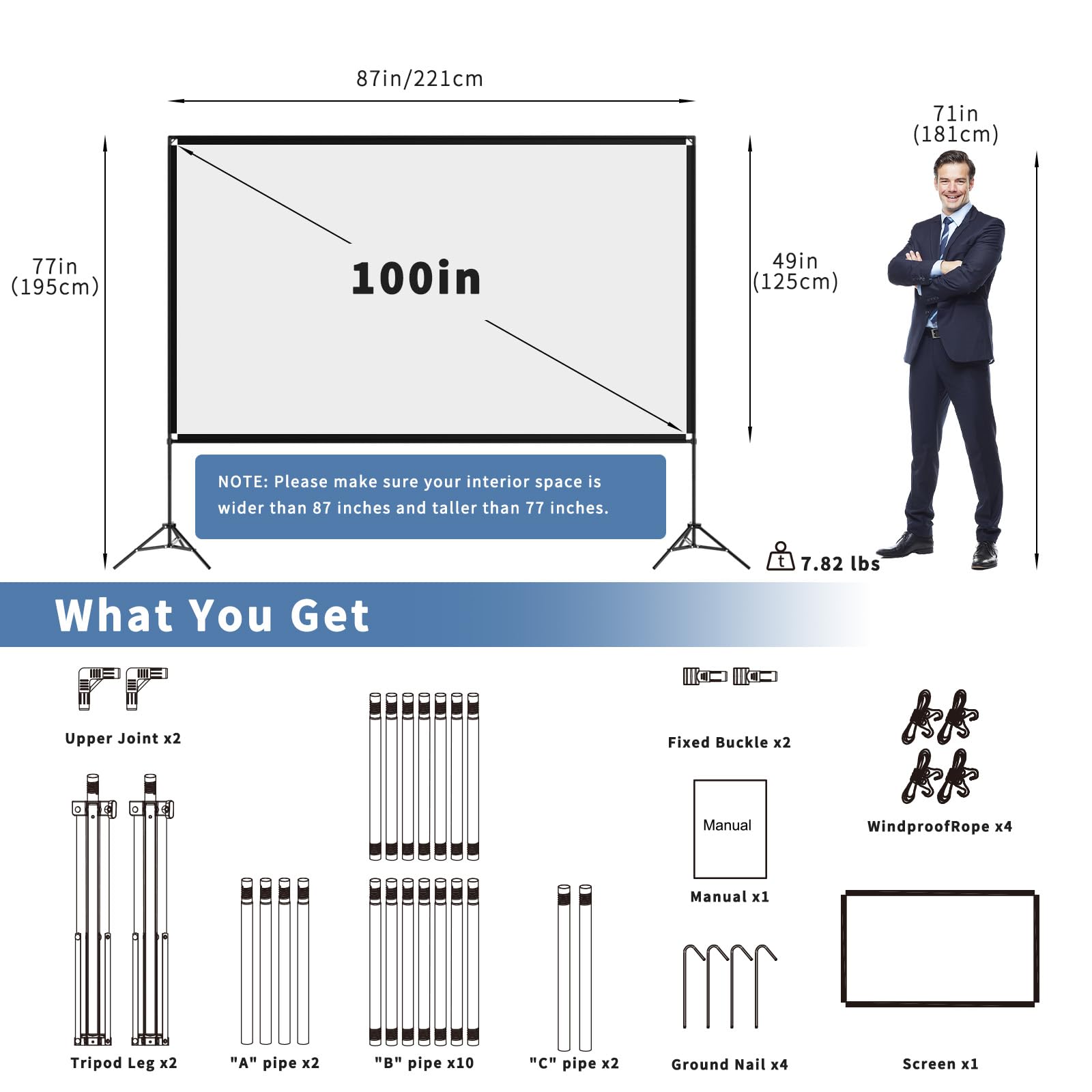 100 Inch 16:9 4K HD Portable Projector Screen with Stand - Foldable Wrinkle-Free Indoor/Outdoor Movie Screen for Home Theater, Backyard, and Parties | 160° Viewing Angle | Front & Rear Projection | Includes Carry Bag