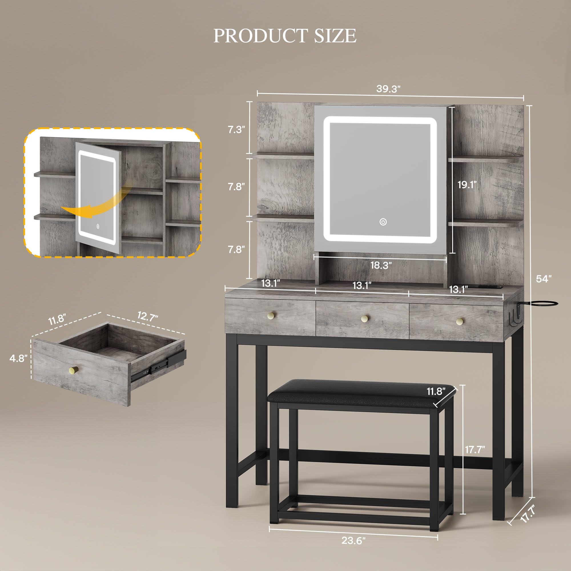 DWVO Vanity Desk with LED Lights Mirror & Power Outlet - Adjustable 3 Lighting Modes, Dressing Table Set with Chair & Hidden Storage - Makeup Vanity Desk with Stool, 3 Drawers for Bedroom, Home Office, Salon (Upgraded Grey)