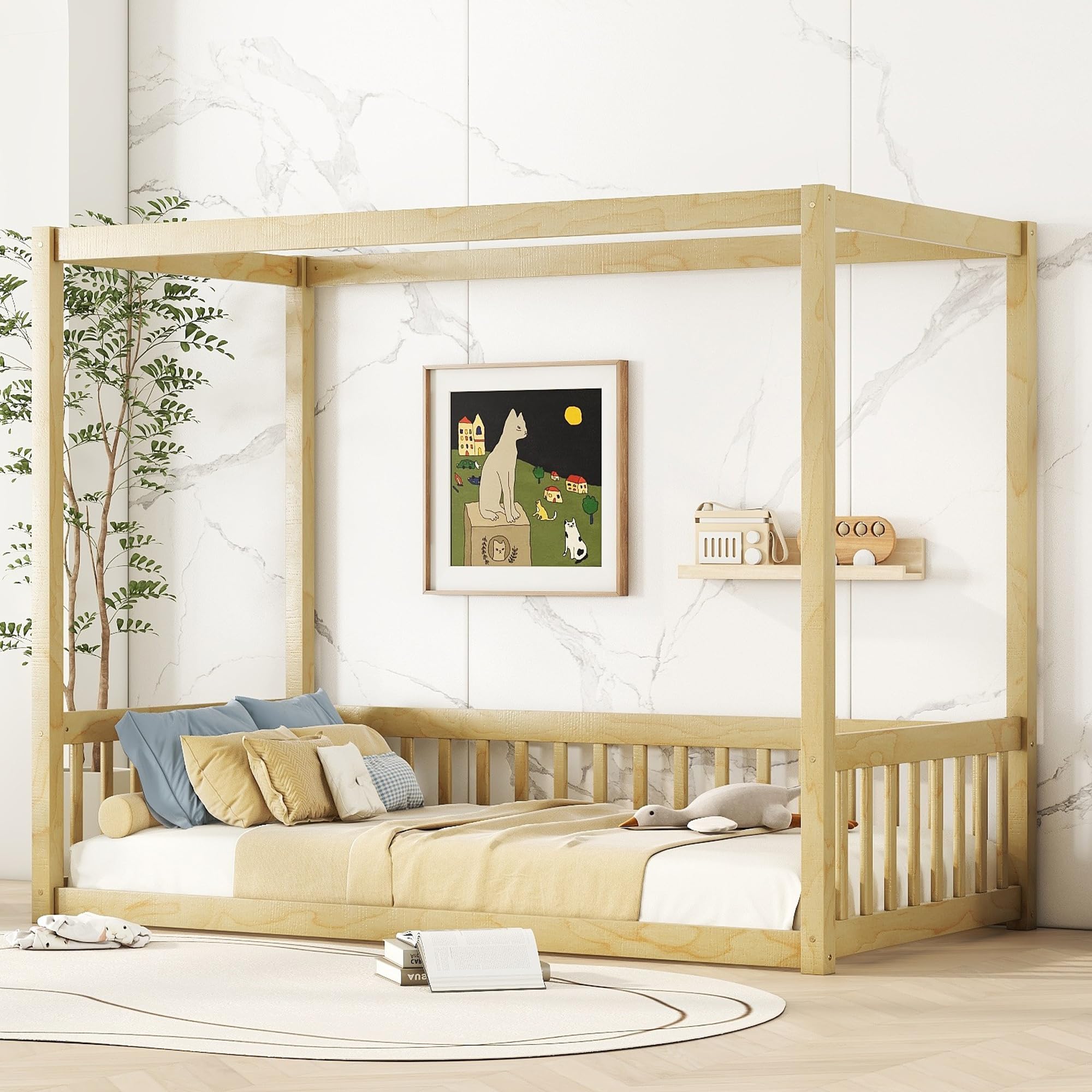 Twin Size Wooden Canopy Bed Frame with Guardrails for Kids - Montessori Floor Bed with Four Poster Design - Natural Wood Toddler Bed for Girls & Boys - Perfect for Bedrooms, Playrooms & Montessori Learning Spaces