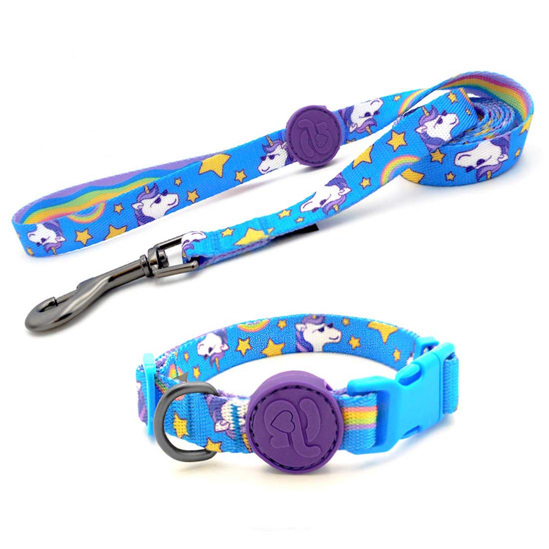 Azusa Adjustable Dog Collar and Leash Set for Large Dogs - Blue Rainbow Unicorn Pattern Pet Accessories | Perfect for Walking, Training & Outdoor Adventures