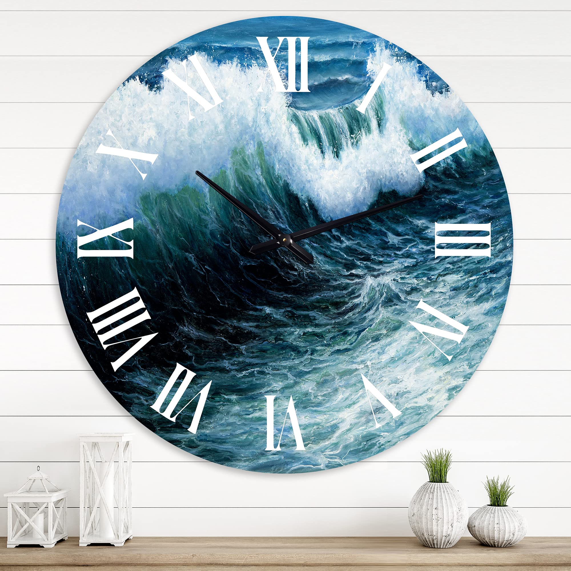 DesignQ Nautical Coastal Wall Clock - 'Storm Waves in The Ocean' Blue Round Clock for Living Room, Bedroom, Office - Perfect Beach House & Coastal Decor