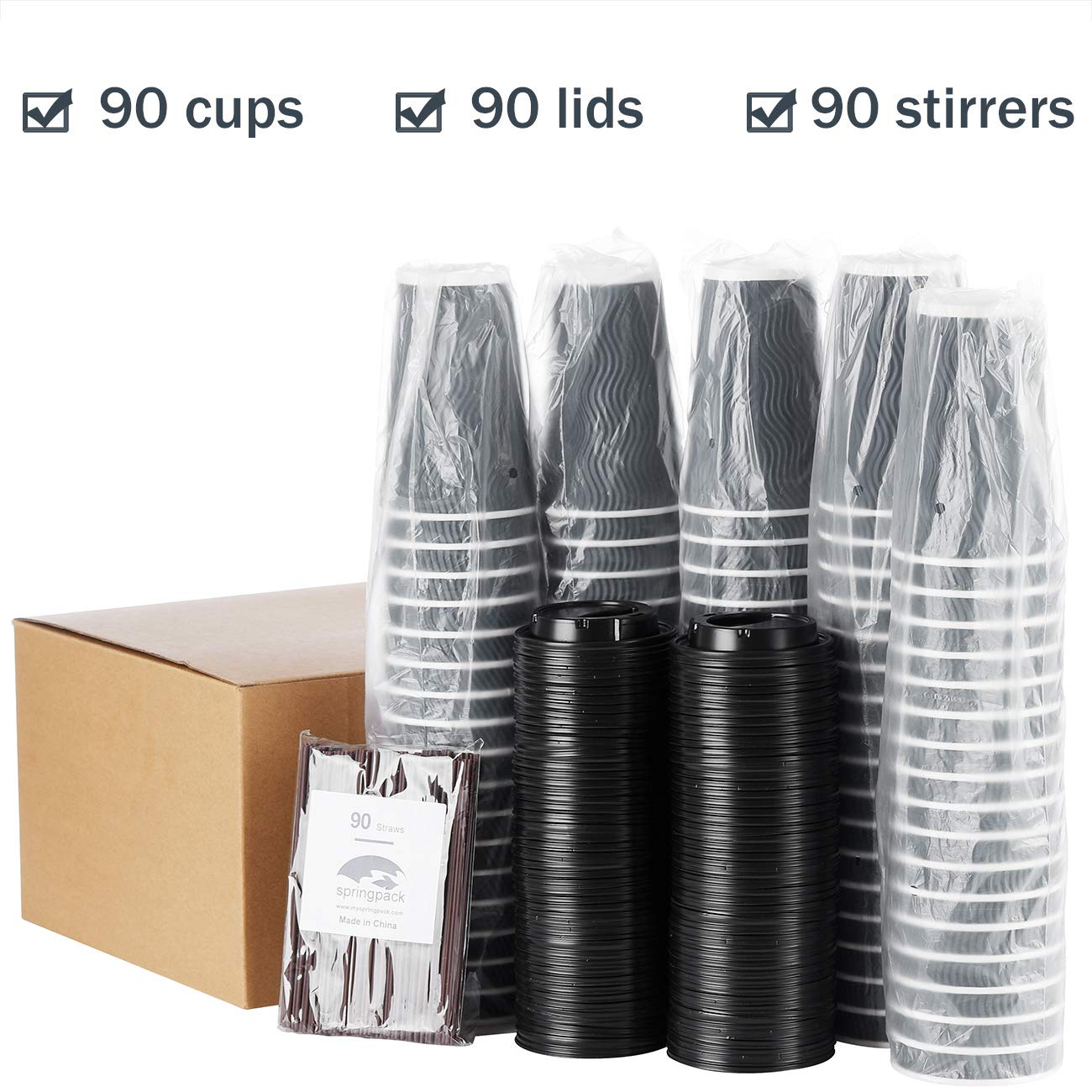 16 oz Disposable Coffee Cups with Lids and Straws - 90 Pack Insulated Paper Cups for Hot & Cold Beverages, Espresso, Tea - Reusable Ripple Design Protects Fingers from Heat - Perfect for Coffee Shops, Offices, and Takeout Drinks
