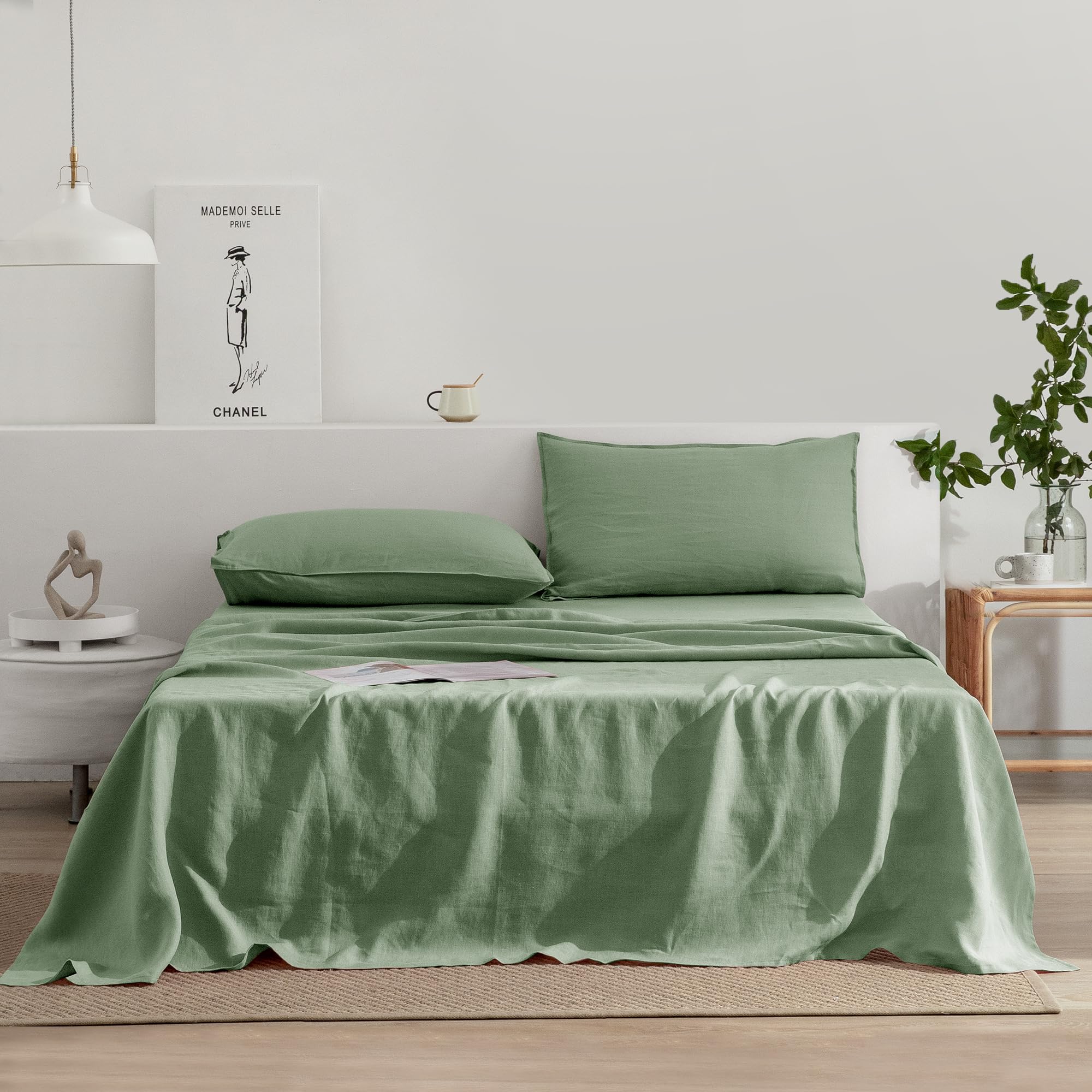 Premium 100% French Stonewash Linen Sheets Set Full Size - 4 Piece Natural Bedding (Flat Sheet, Fitted Sheet, 2 Pillowcases) for Hot Sleepers - Deep Pocket, Breathable & Hypoallergenic - Saga Green - Perfect for Summer Nights & Eco-Friendly Home Decor