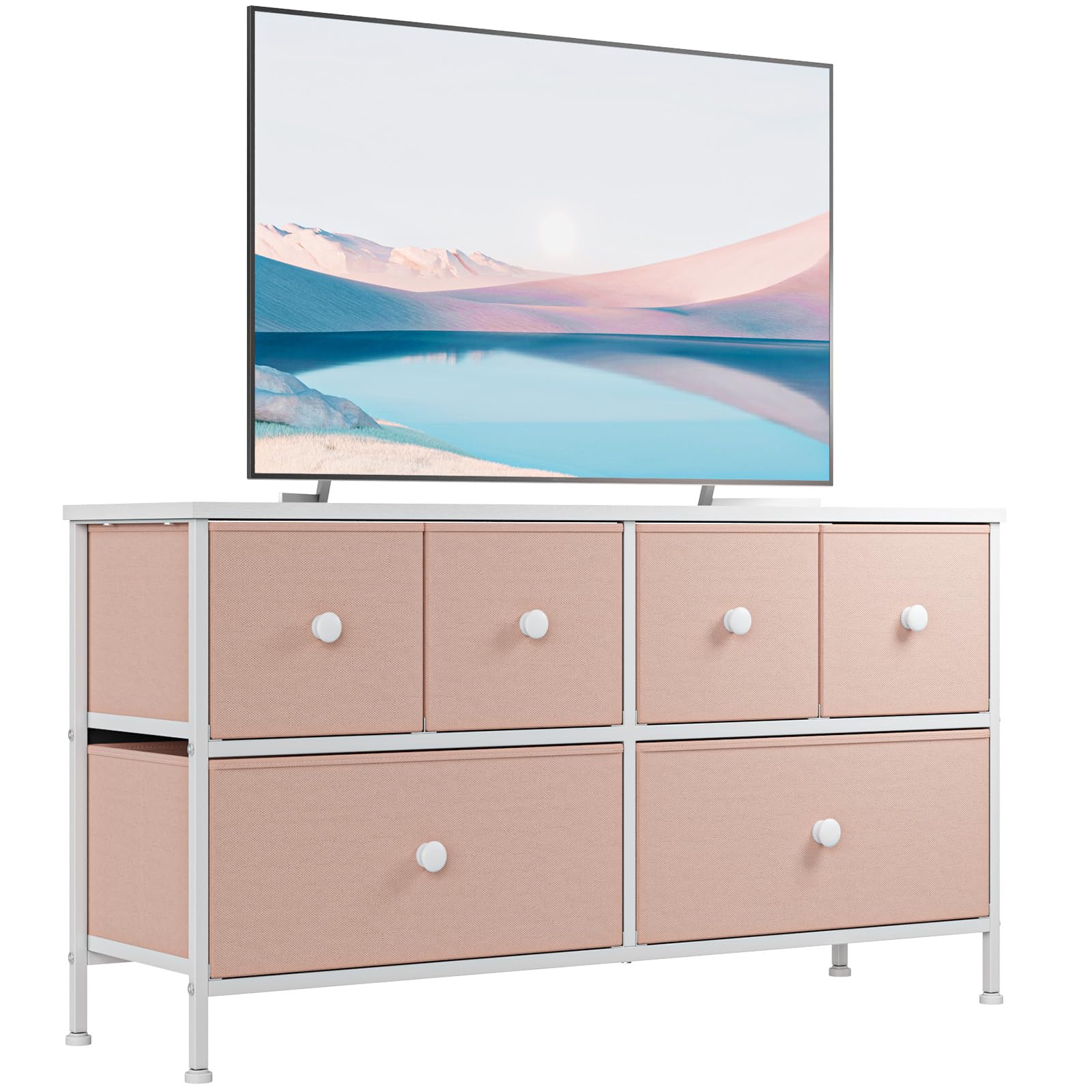 Pink 6-Drawer Fabric Dresser for Bedroom - Wide Storage Chest with Drawers, TV Stand & Closet Organizer for Hallway, Nursery or Dorm Room | Modern Home Decor & Space-Saving Solution