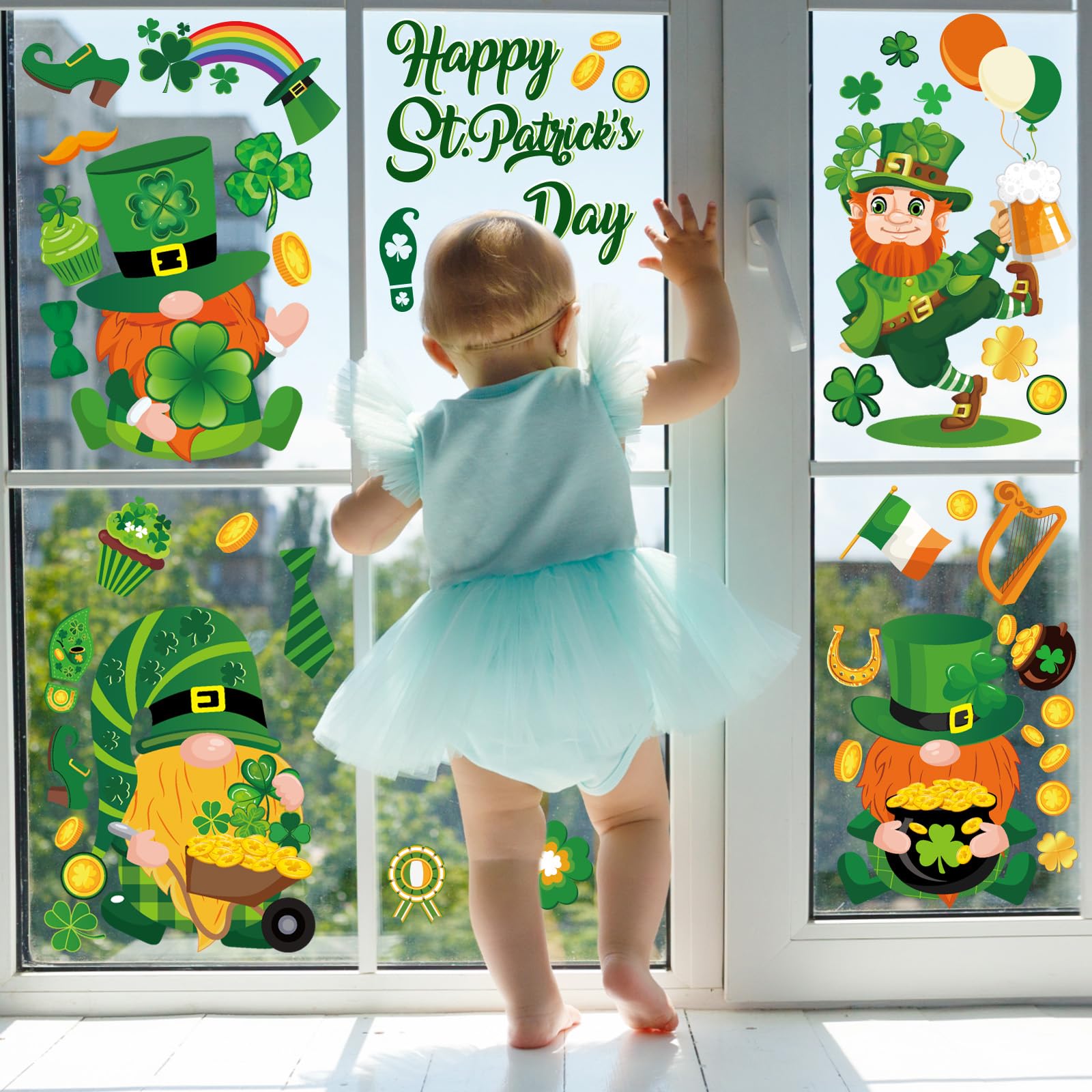 Whaline 18 Sheets St. Patrick's Day Window Clings - Valentine's Day Heart Tree & Cute Gnome Shamrock Decals - Green & Pink Window Decor for Home, School, Office - Party Supplies & Holiday Decorations (Perfect for St. Patrick's Parties, Classroom Activities & Festive Home Decor)