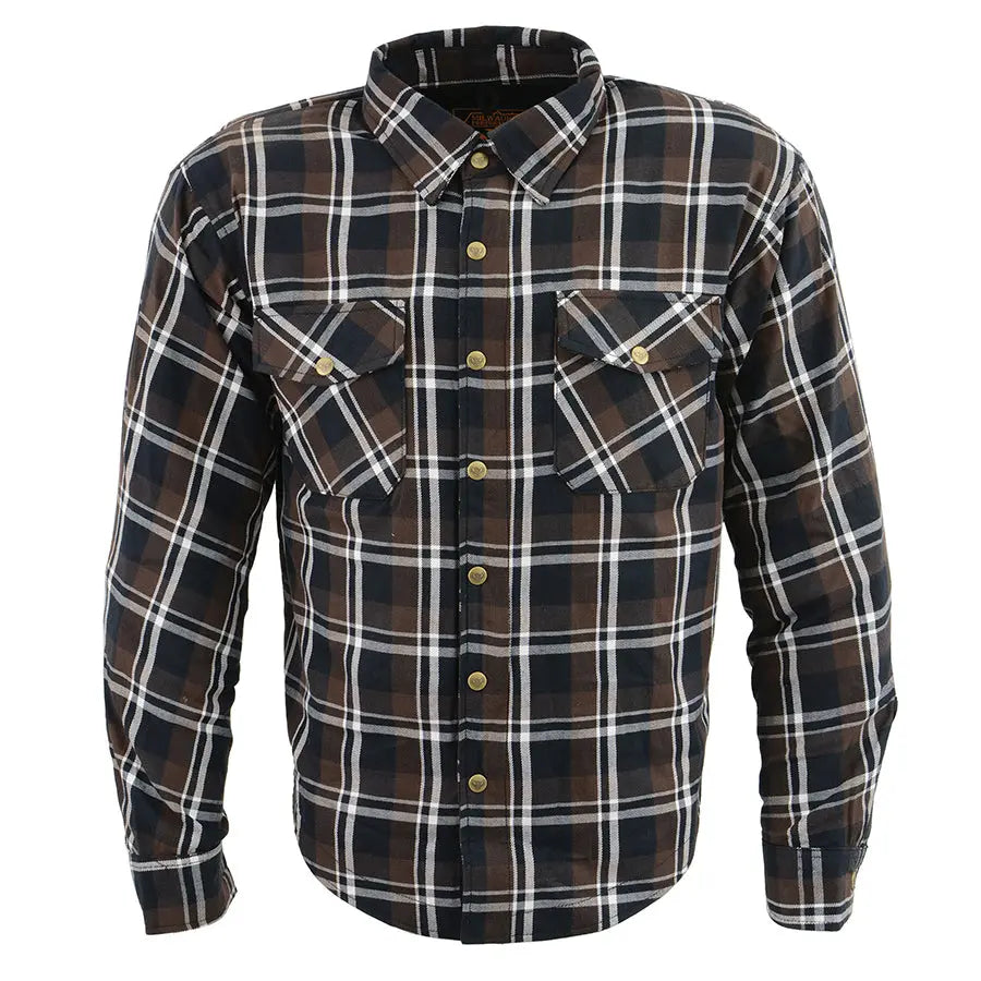 Milwaukee Leather Men's Brown Checkered Armored Flannel Biker Shirt with Reinforced Fibers - Durable Motorcycle Riding Gear for Harley Davidson & Cruiser Bikers