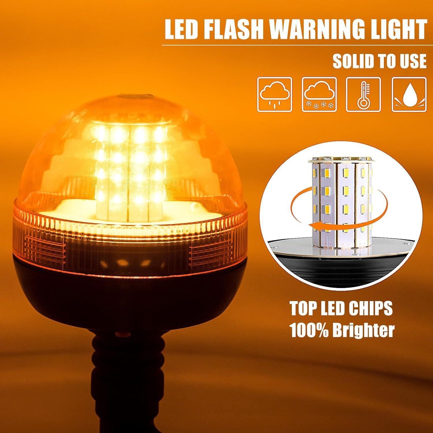 Amber LED Rotating Warning Light - Heavy Duty Emergency Strobe Beacon for Trucks, Construction Vehicles & Snow Plows | Pole Mount Hazard Light for Road Safety & Work Zones