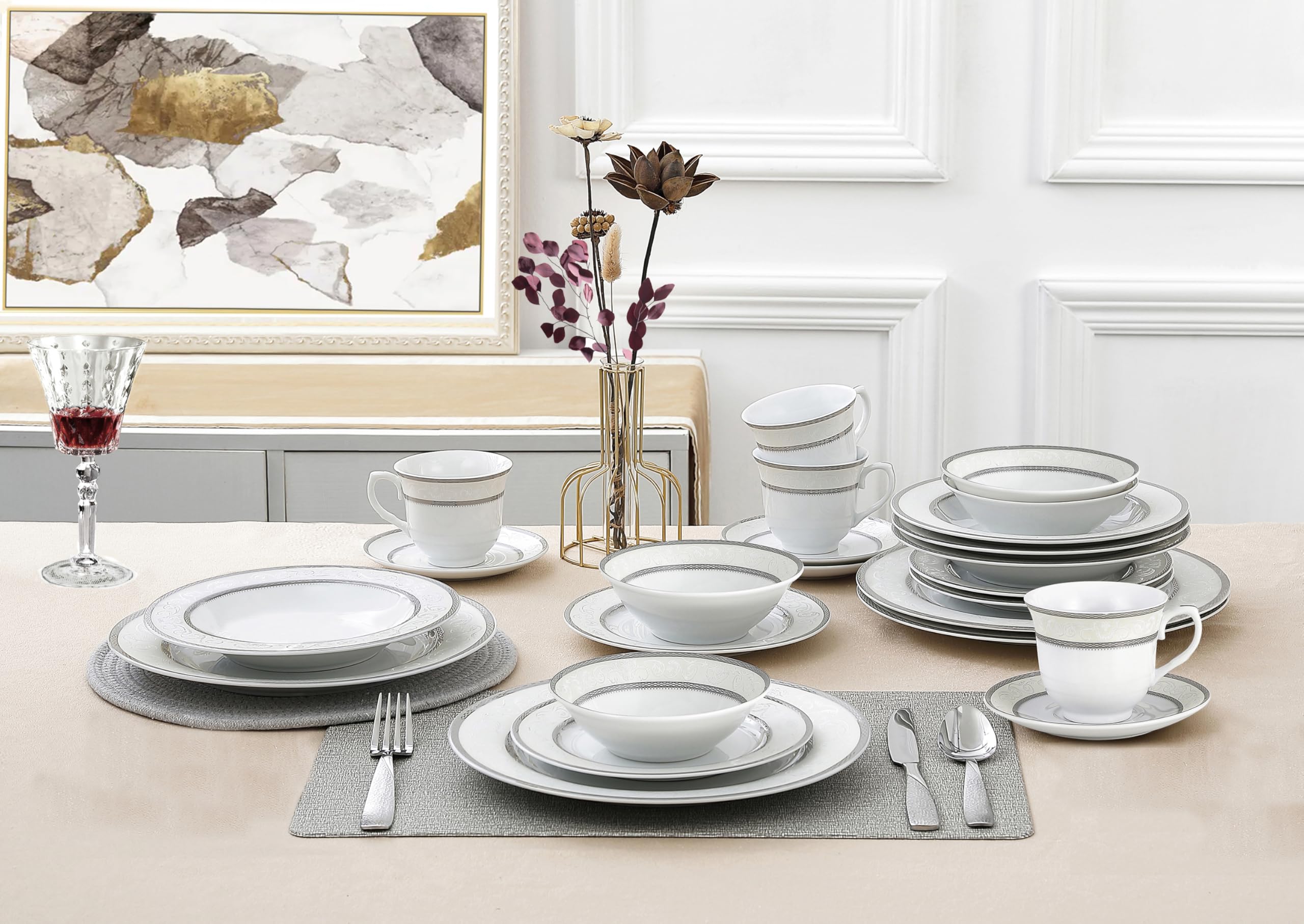 Lorren Home Trends Sirena 16-Piece Silver Dinnerware Set - Elegant Tableware for Formal Dining, Dinner Parties & Special Occasions