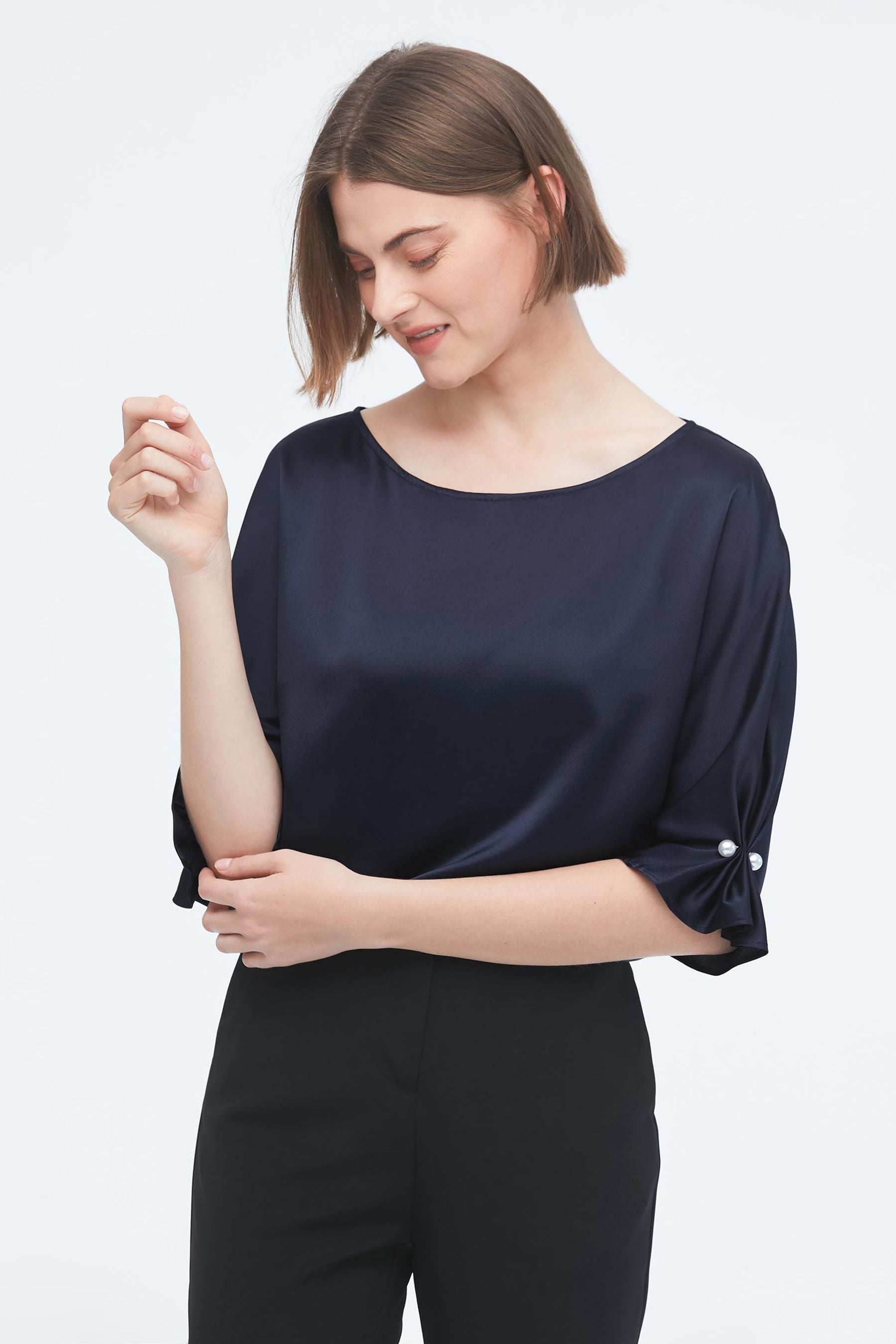 Elegant Silk Blouse with Smocked Cuffs - Women's Fashion Blouse for Work & Evening Wear | Perfect for Office, Date Night & Special Occasions