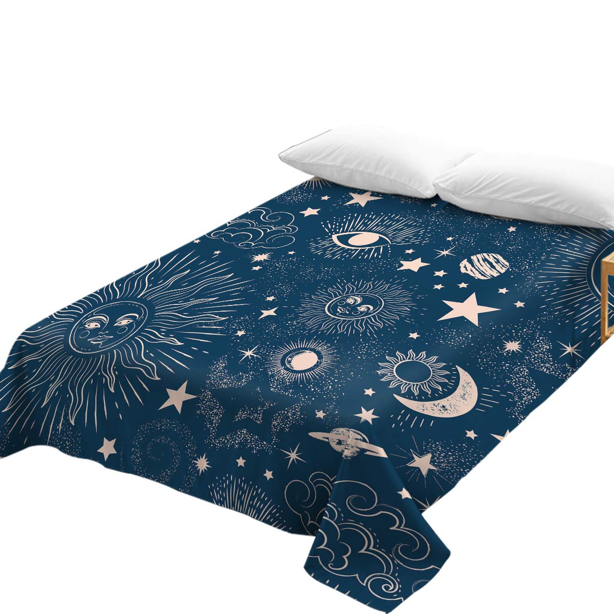 Celestial Sun Moon Star Boho Mandala Blue Bedding Set - Twin Size Galaxy Themed Flat Sheet for Kids Boys & Girls | Space Themed Bedroom Decor for Teens & Children's Room