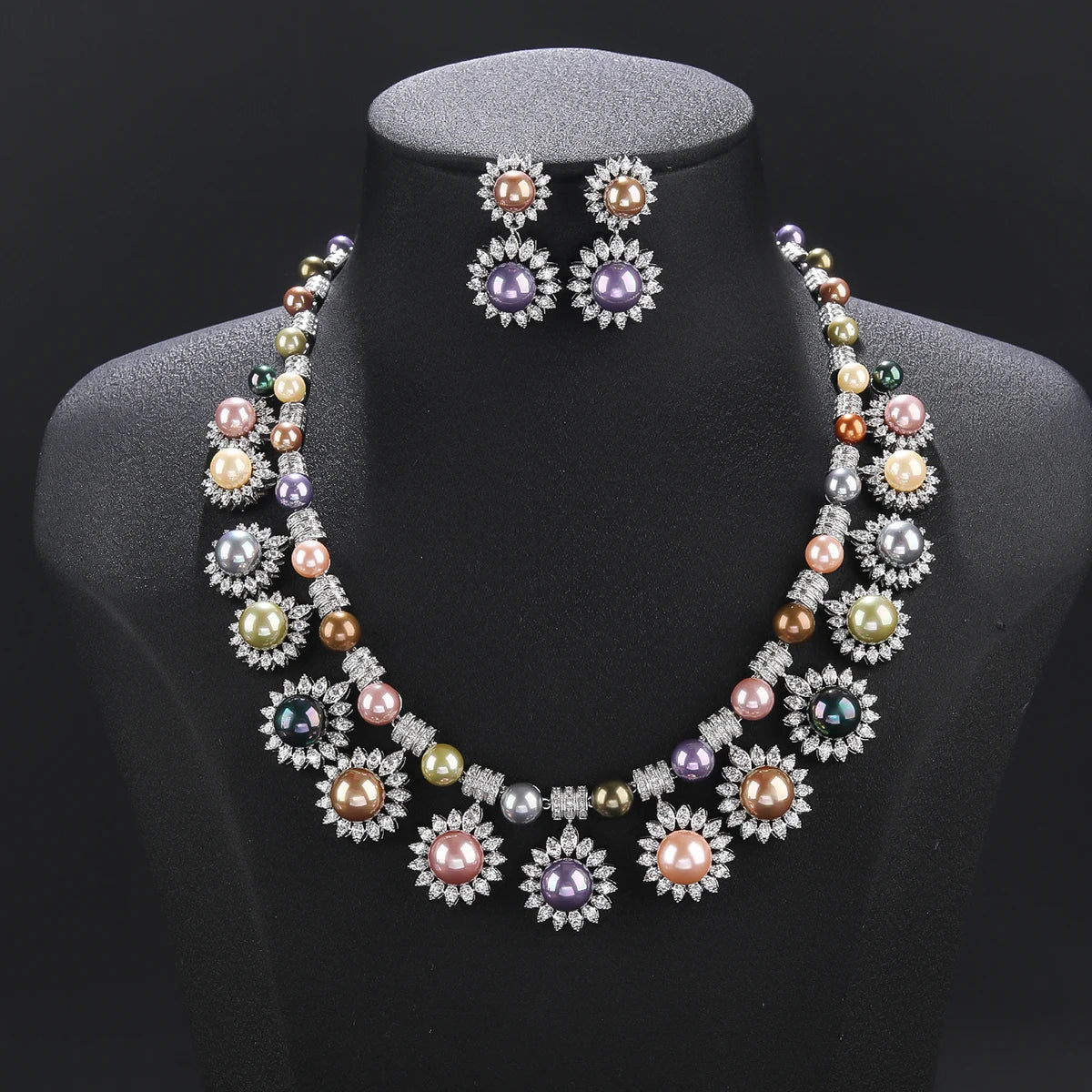 Luxury Crystal Zircon Pearl Flower Necklace for Women - Elegant Bridal Wedding Jewelry Set, Birthday Party Gift, Dubai Style (CN10894) | Perfect for Weddings, Anniversaries, and Special Occasions
