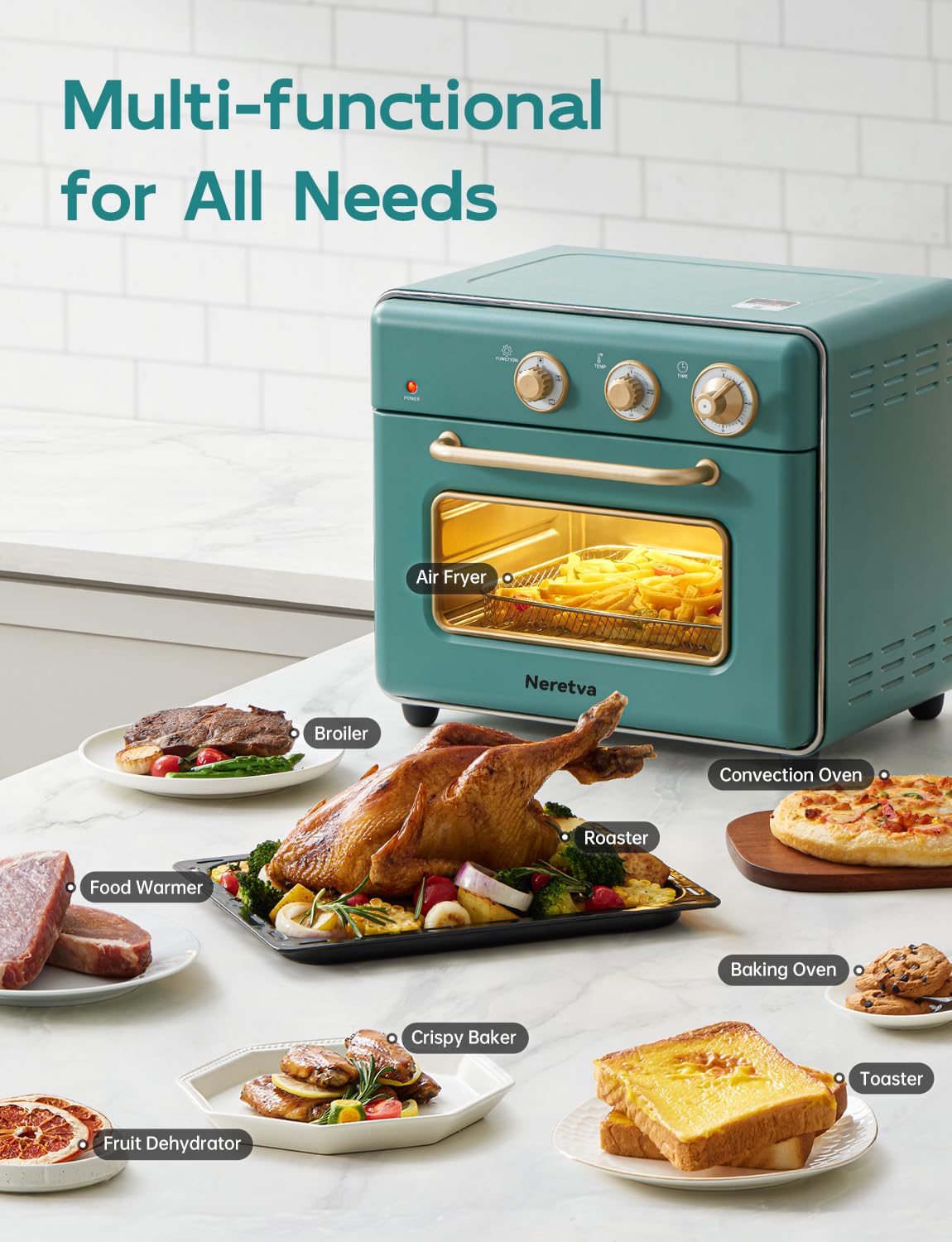 Neretva 21 QT 6-in-1 Toaster Oven Air Fryer Combo - 1500W Compact Countertop Toaster Oven with Rapid Heat Technology for Baking, Toasting, Broiling, Air Frying & Defrosting - Stainless Steel Design - Perfect for Small Kitchens, Dorms & RV Cooking