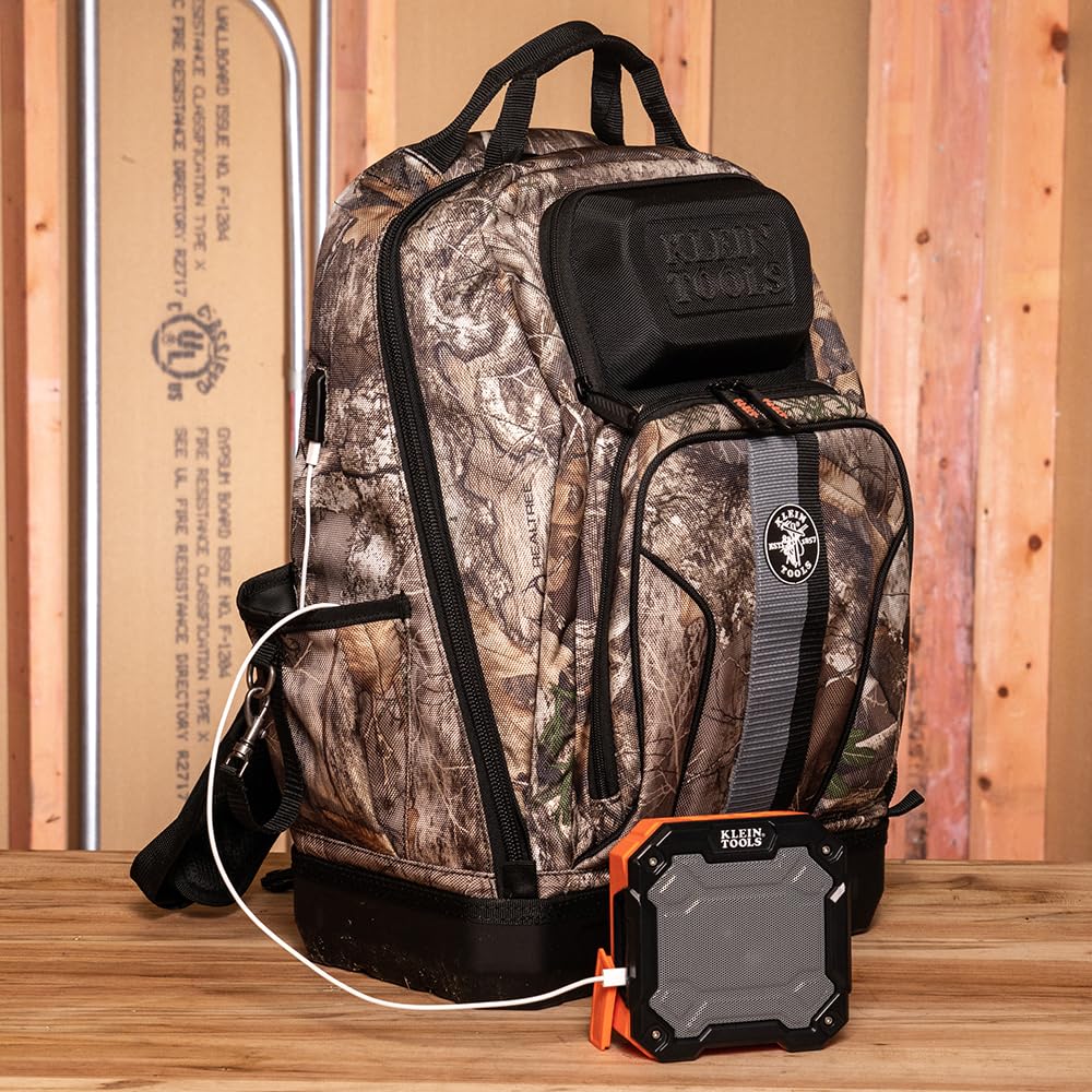 Klein Tools 62800BPCAMO Tradesman Pro Extra-Large 40-Pocket Camo Tool Backpack with Molded Bottom & Charging Port - Durable Jobsite Backpack for Electricians, Contractors & DIY Projects
