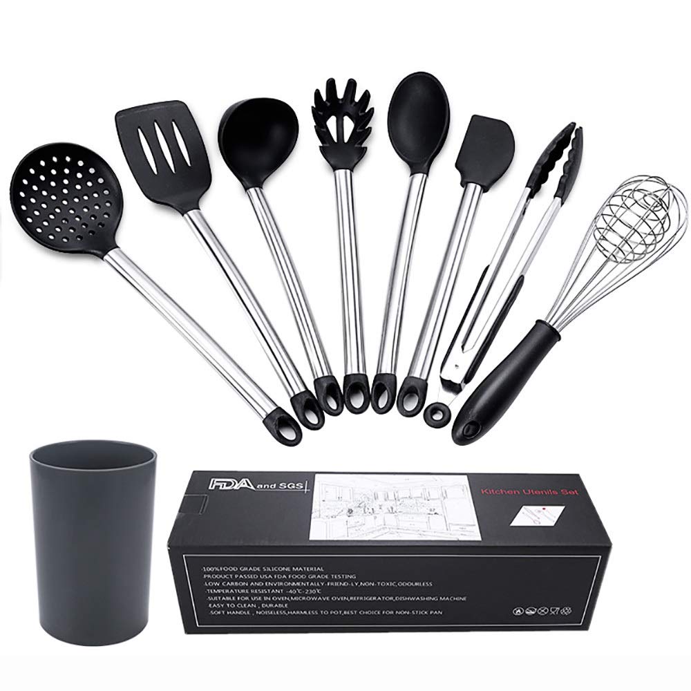 8-Piece Silicone Spatula Set - Heat-Resistant Cooking Utensils for Baking, Mixing & Flipping - Includes Soup Spoon & Colander - Black Kitchen Tool Set - Perfect for Home Chefs & Bakers