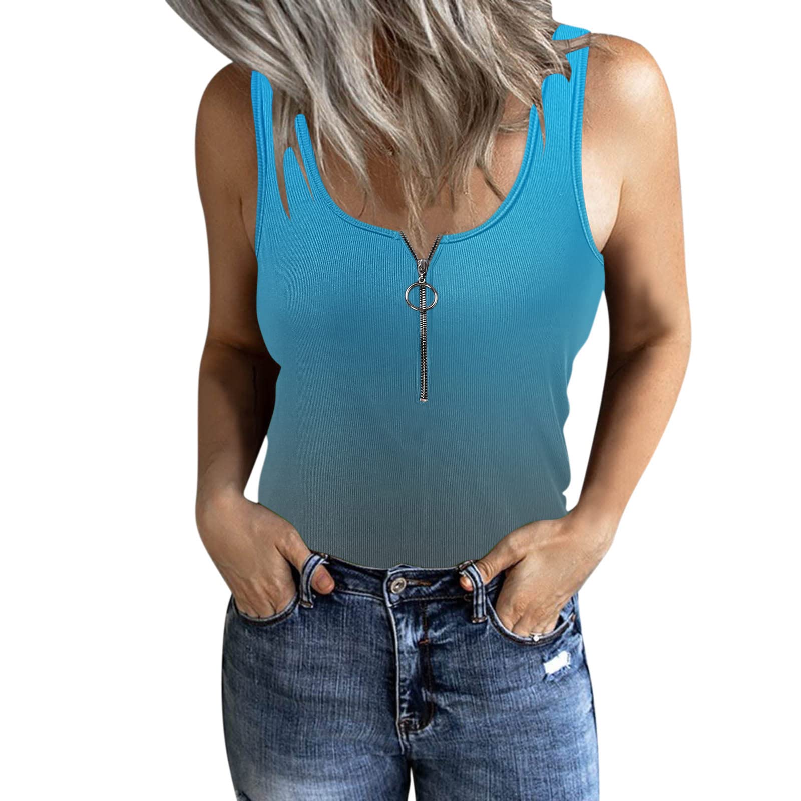 Women's Sexy Gradient Slim Fit Sleeveless Zipper Tank Top - Low Collar Blouse & Vest for Casual Wear, Night Out, and Summer Fashion | Red Short Sleeve Shirts for Women