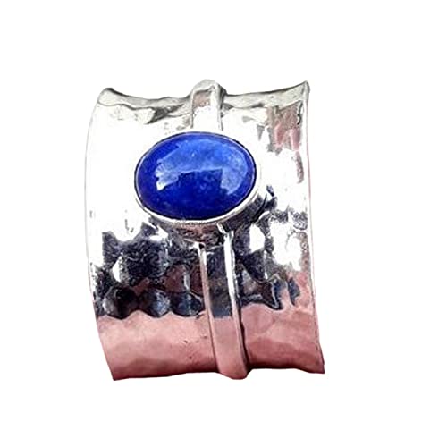 925 Sterling Silver Hammered Spinner Ring with Lapis Lazuli - Adjustable Anxiety Relief Jewelry for Women - Perfect Thanksgiving Gift & Mother's Day Present (Size 13.5) - Ideal for Stress Relief, Meditation, and Everyday Wear
