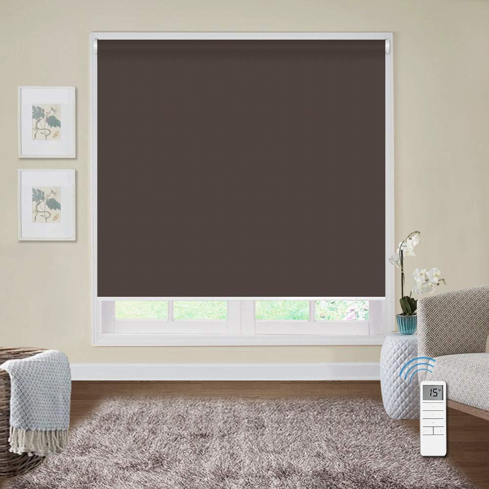 Motorized Blackout Cordless Roller Shades - Wireless Remote Control & Rechargeable Window Blinds for Room Darkening | Perfect for Bedroom, Living Room, Office & Kitchen (Brown)