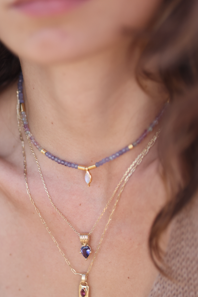 Theia Tanzanite & Fluorite Gold Beaded Necklace for Women - Elegant Handmade Jewelry Gift for Birthday, Anniversary & Special Occasions