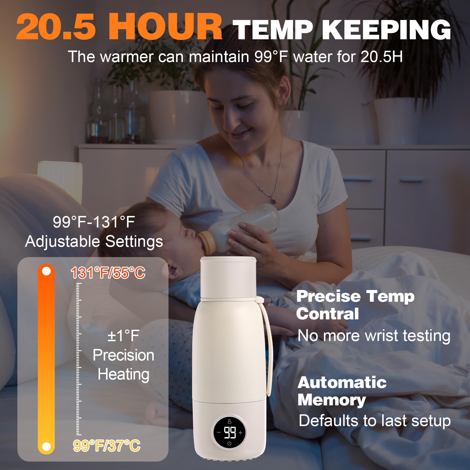 Portable Baby Bottle Warmer - 17Oz Fast Heating Milk Warmer for Breastmilk, Formula & Water | Adjustable Temperature & 20H Keep Warm | Perfect for Night Feeding, Travel, Car & On-the-Go Parents