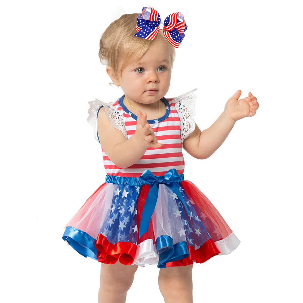 4th of July Girls Tutu Skirt Set - Red White Blue Patriotic Outfit with US Flag Design, Star Necklace & Hair Bows - Perfect for Independence Day Parades, Parties & Photo Shoots