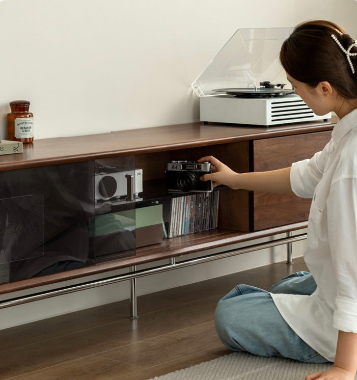 Modern Black Walnut Solid Wood TV Stand - Stylish Entertainment Center for Living Room, Bedroom & Home Theater Setup