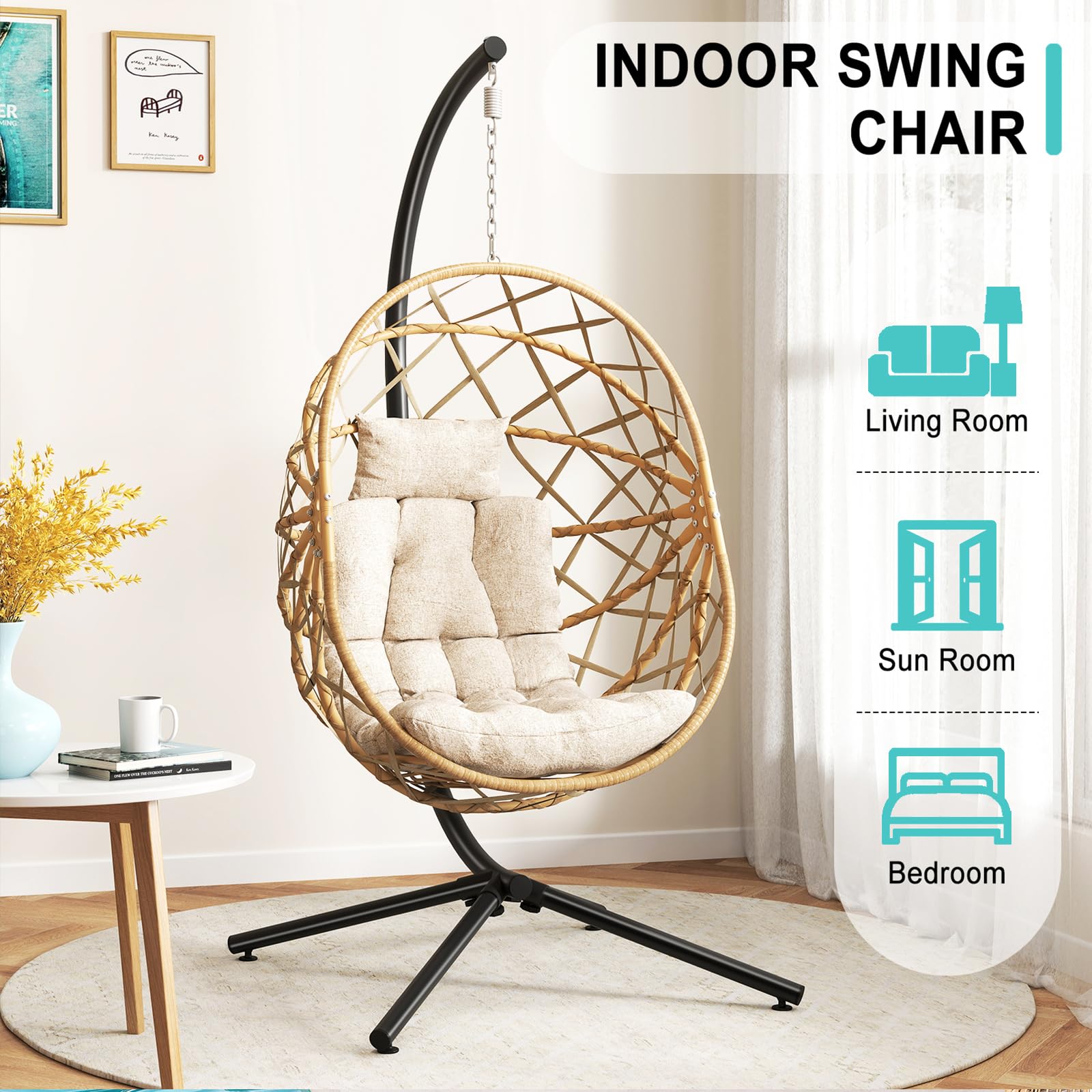 SWITTE Hanging Egg Chair with Stand - Outdoor/Indoor Wicker Swing Chair with Cushion for Patio, Garden, Balcony - Cream White Rattan Egg Chair for Relaxing, Lounging & Reading