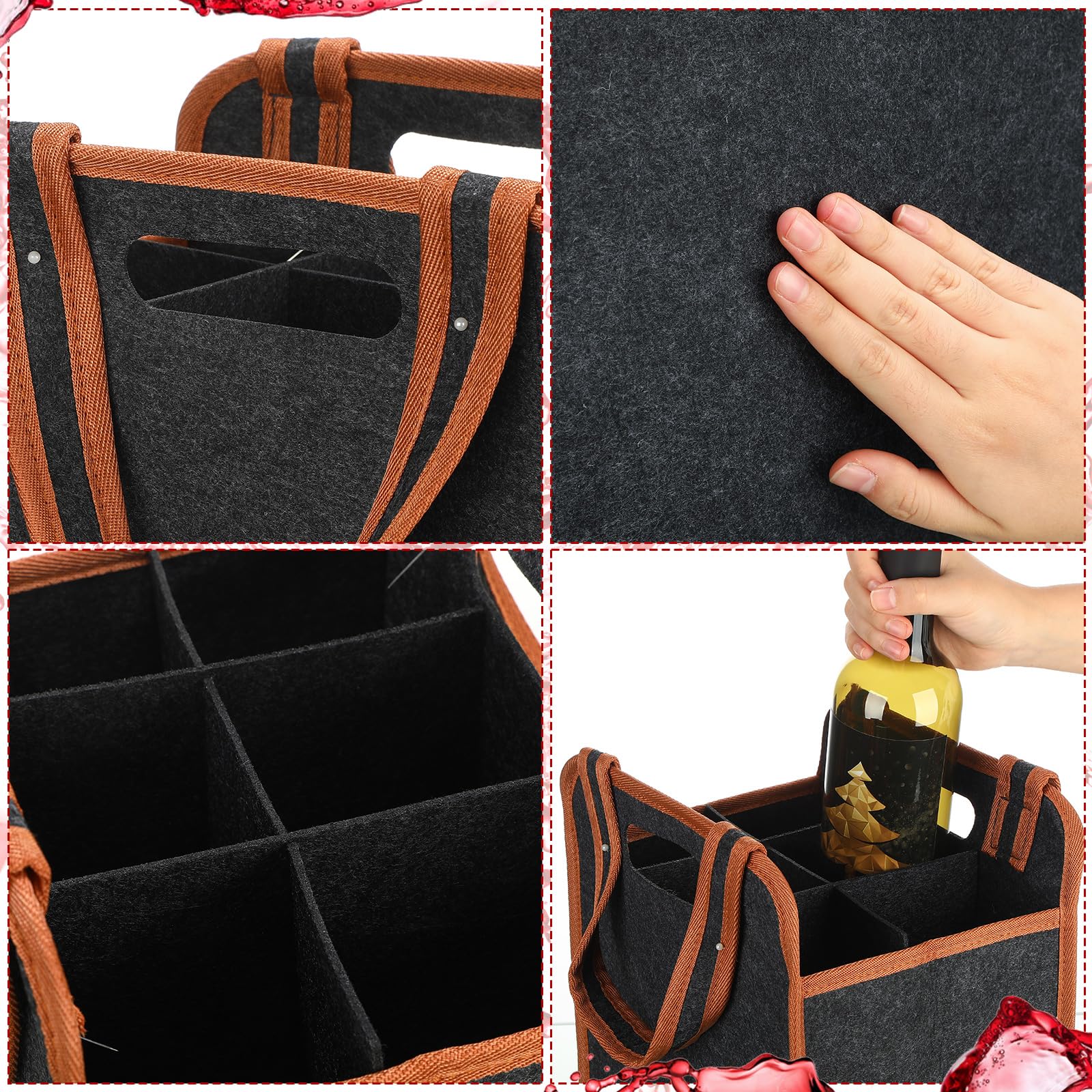 2 Pack Insulated Reusable Wine Tote Bags - 6 Bottle Capacity, Brown (9.45