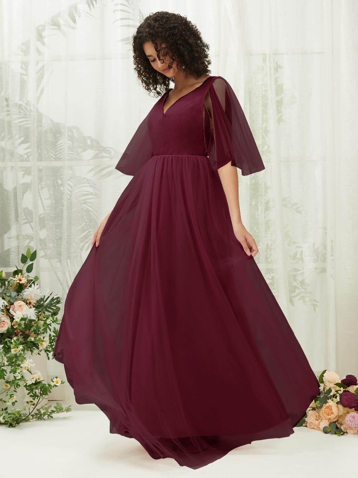 Elegant Burgundy Ruffle Sleeves Tulle Maxi Bridesmaid Dress with Hidden Pocket - Perfect for Weddings, Formal Events & Evening Parties