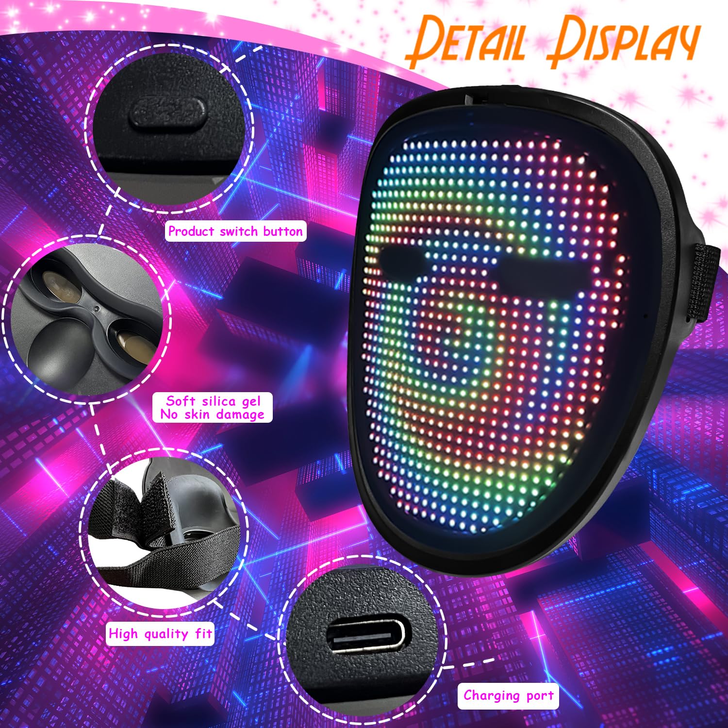 LED Halloween Mask with Gesture Sensing - Glowing Costume Mask for Kids, Men & Women - Perfect for Cosplay, Parties, Trick or Treating & Night Events