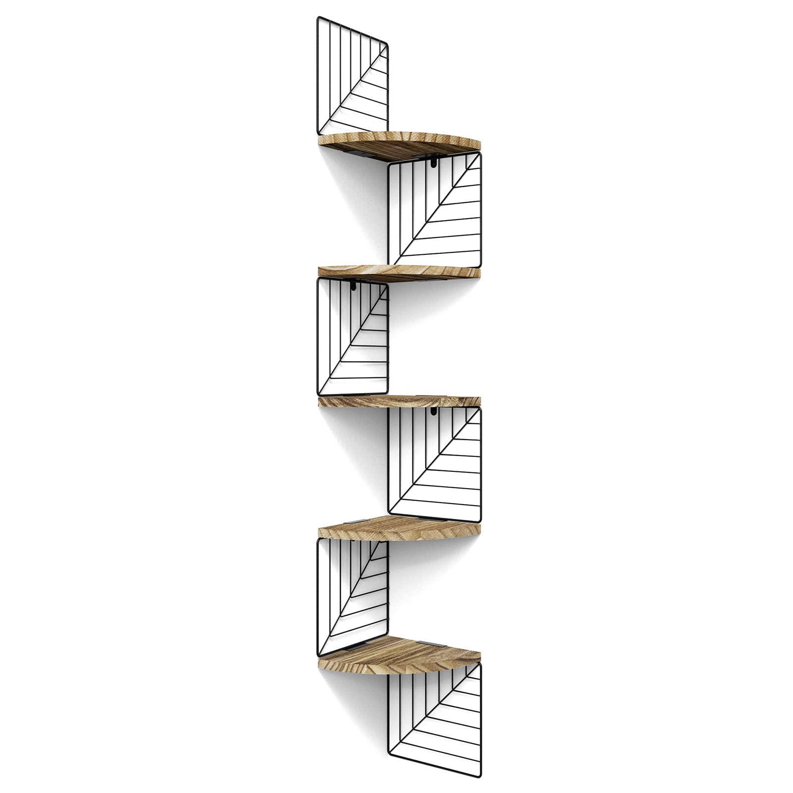 5-Tier Rustic Wood Floating Wall Shelves - Carbonized Black Corner Shelf for Bedroom, Living Room, Bathroom, Kitchen & Office | Space-Saving Storage & Decorative Display Solution